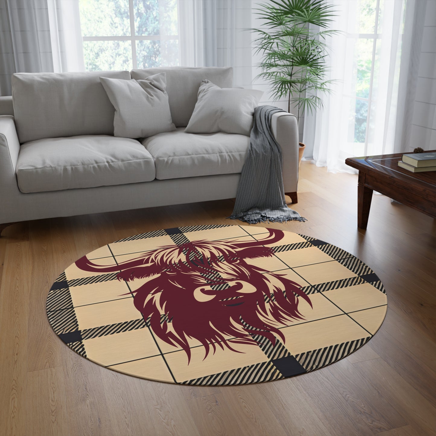 Highland Cow Round Rug, Boho Decor, Farmhouse Style, Cozy Living Room Accent, Unique Gift for Animal Lovers