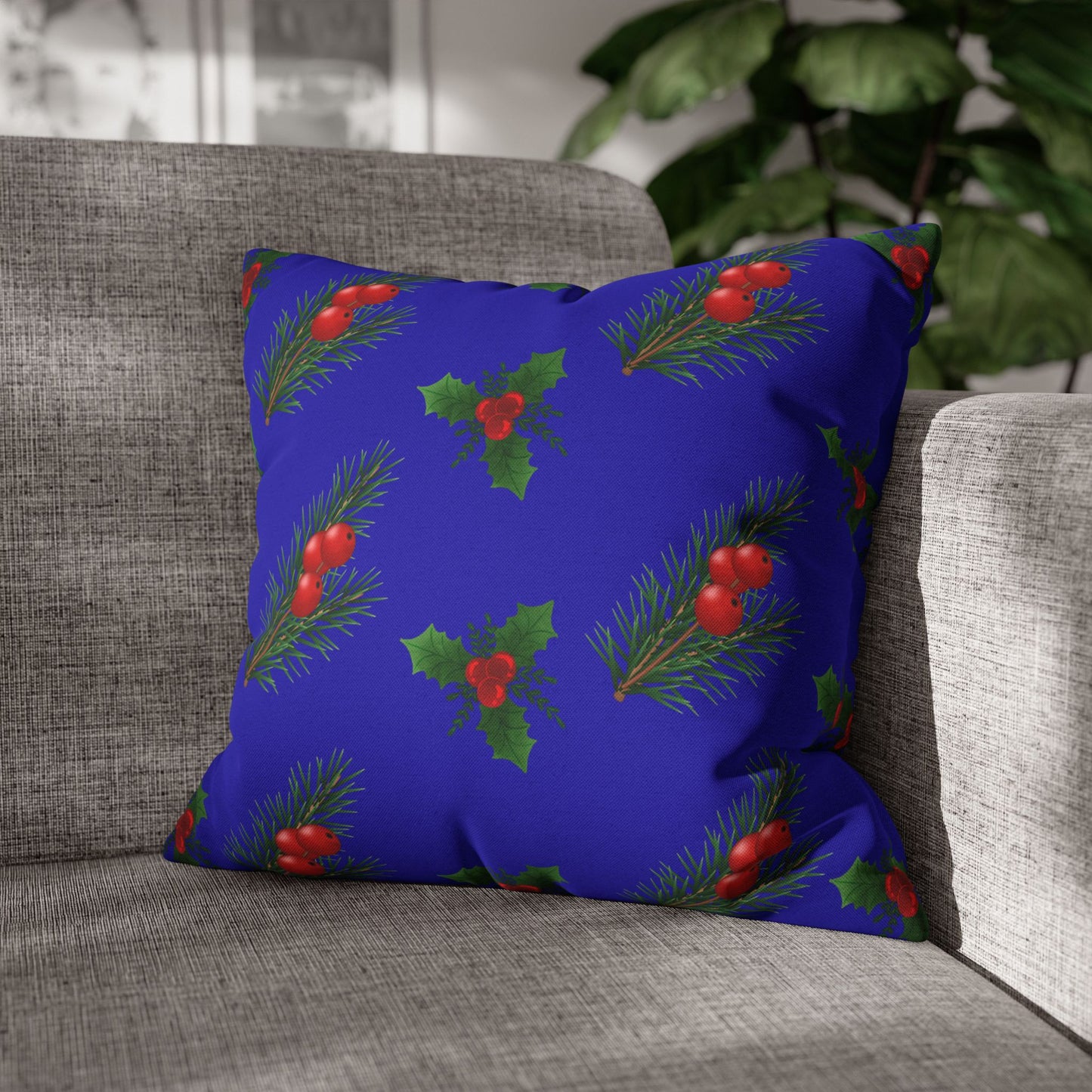 Holiday Holly & Pine Square Pillowcase — Festive Blue Christmas Throw Pillow Cover