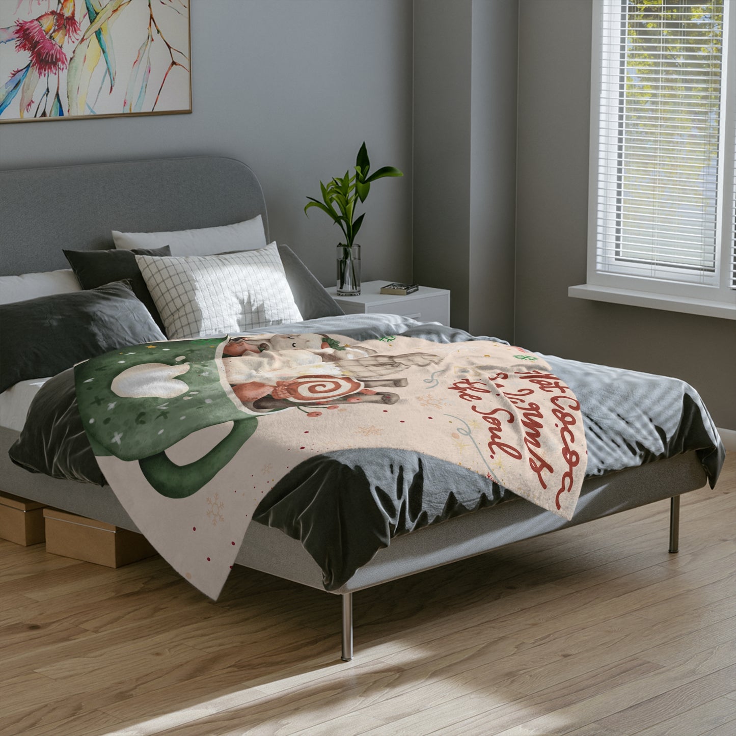 Cozy Hot Cocoa Velveteen Microfiber Blanket, Holiday Gift, Winter Decor, Snuggle Blanket, Home Comfort, Warmth and Joy