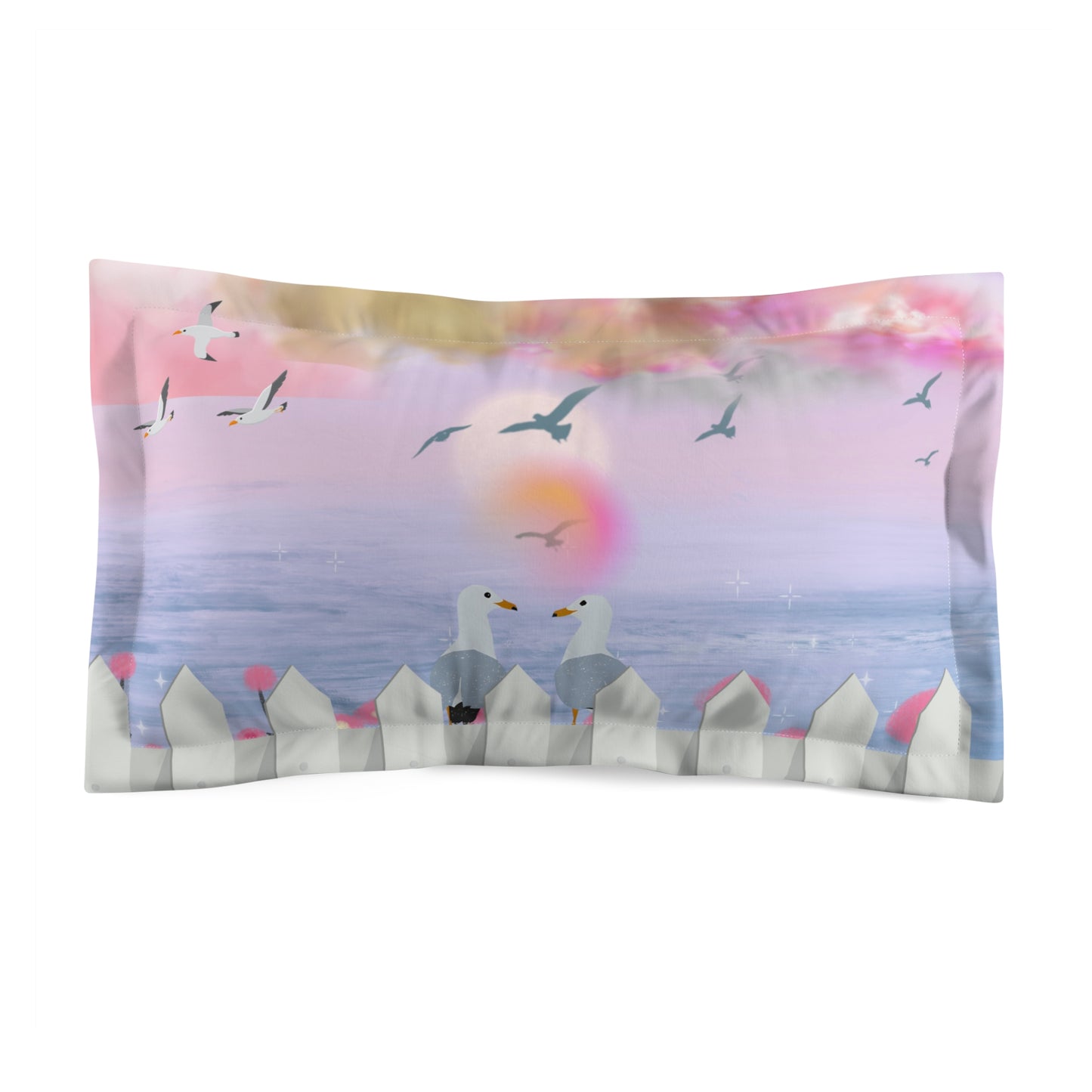 Romantic Coastal Microfiber Pillow Sham, Ocean Breeze Decor, Beach House Gift, Summer Vibes Bedding, Seagull Design Pillowcase