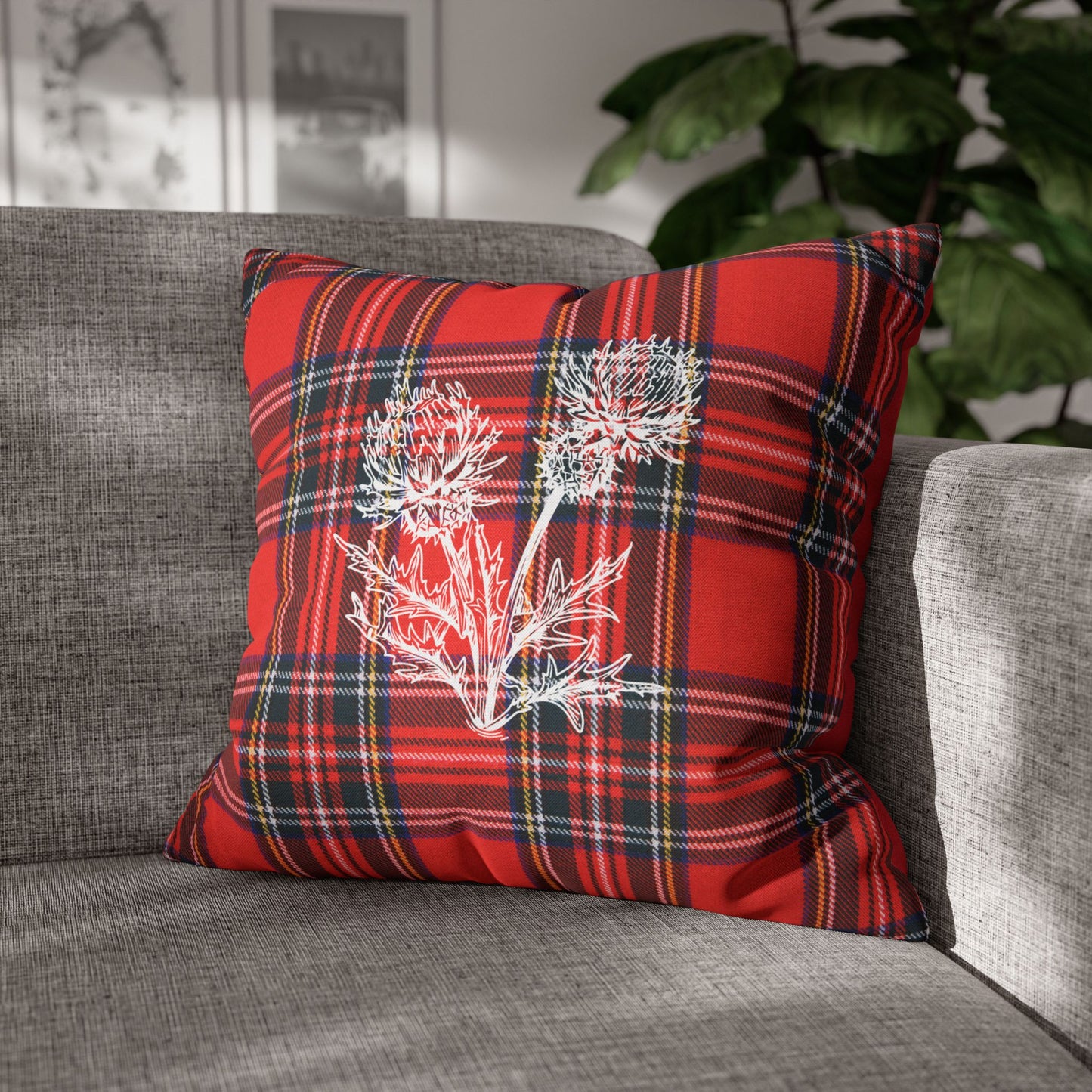 Red Tartan Thistle Pillowcase - Festive Plaid Decorative Throw Pillow Cover