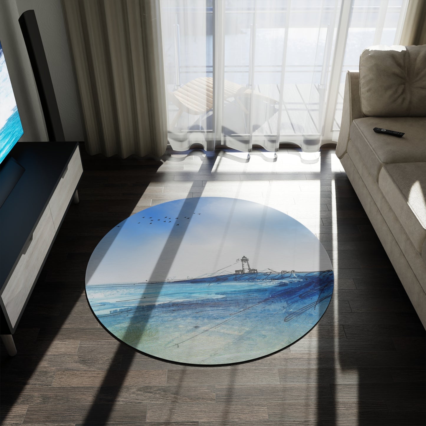 Serene Coastal Round Rug - Beach Decor, Living Room Mat, Light House Design, Nautical Home Accent, Gifts for Ocean Lovers