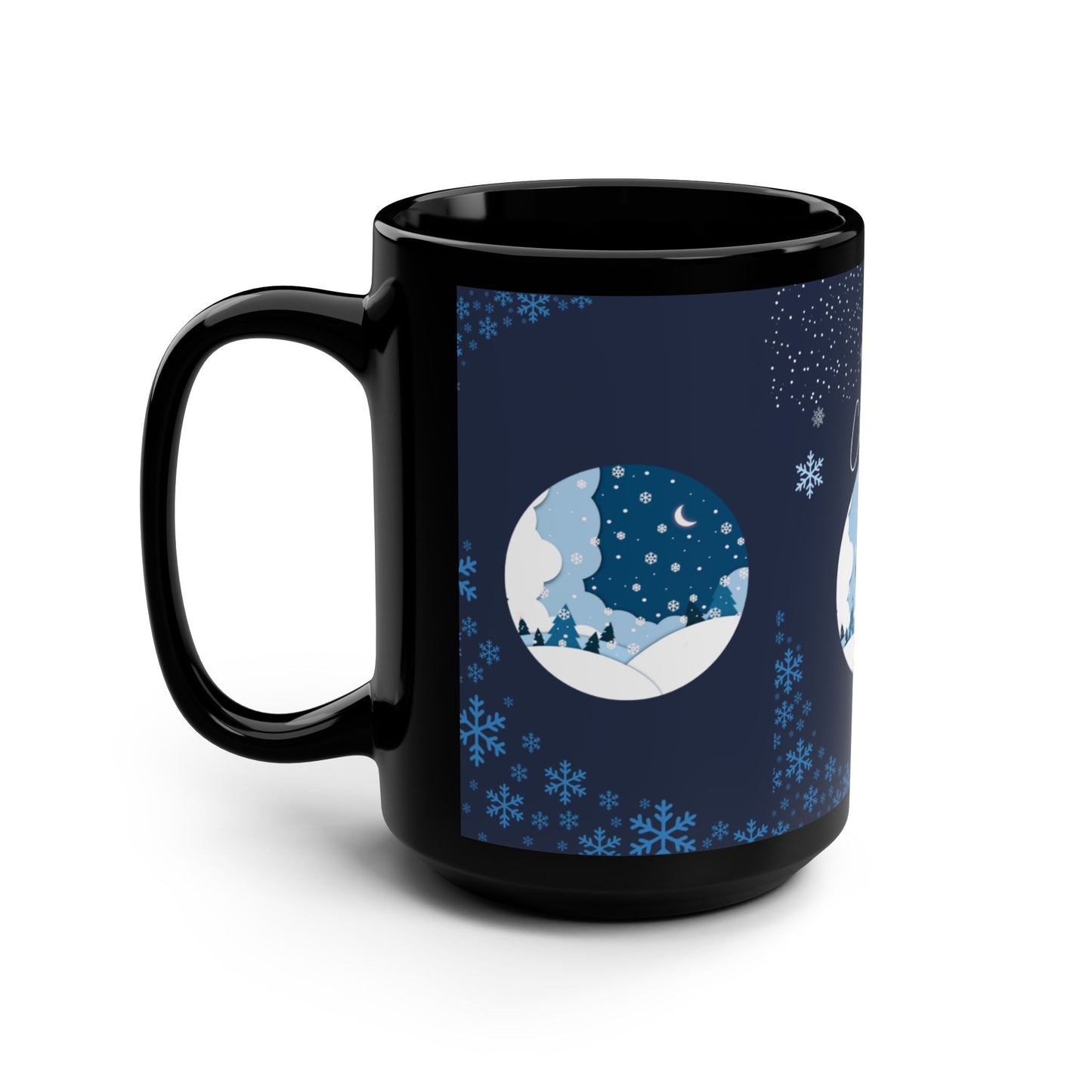 Winter Wonderland Black Mug | Cozy Christmas Coffee Cup | Holiday Gift | 15oz Seasonal Mug | Snowy Scene Coffee Mug