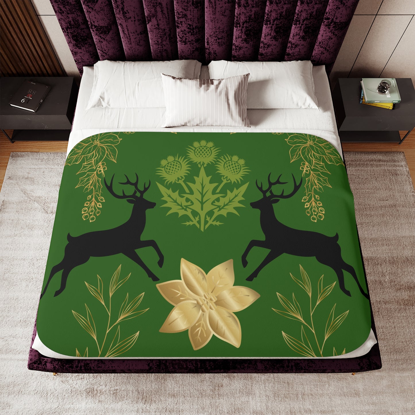 Cozy Sherpa Blanket with Reindeer and Floral Design | Perfect for Holidays