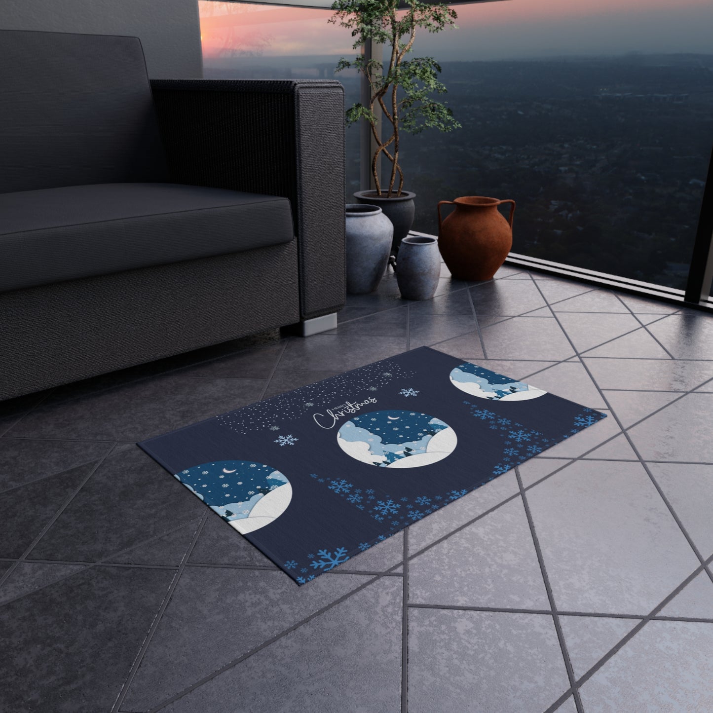 Cozy Christmas Outdoor Rug, Winter Decor, Holiday Mat, Festive Doormat, Seasonal Patio Accessory, Snowy Design