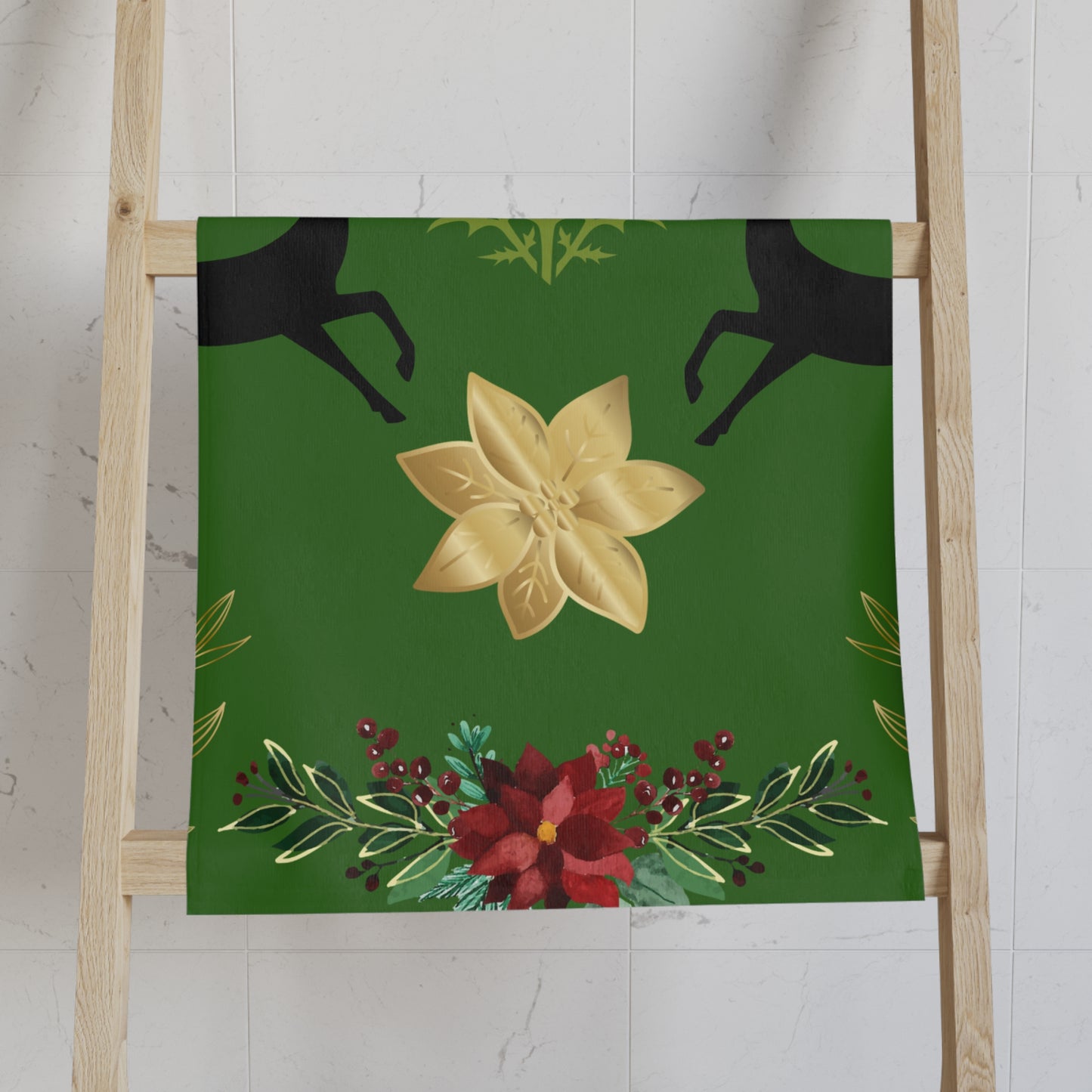 Christmas Reindeer & Poinsettia Hand Towel — Festive Green Holiday Kitchen Towel