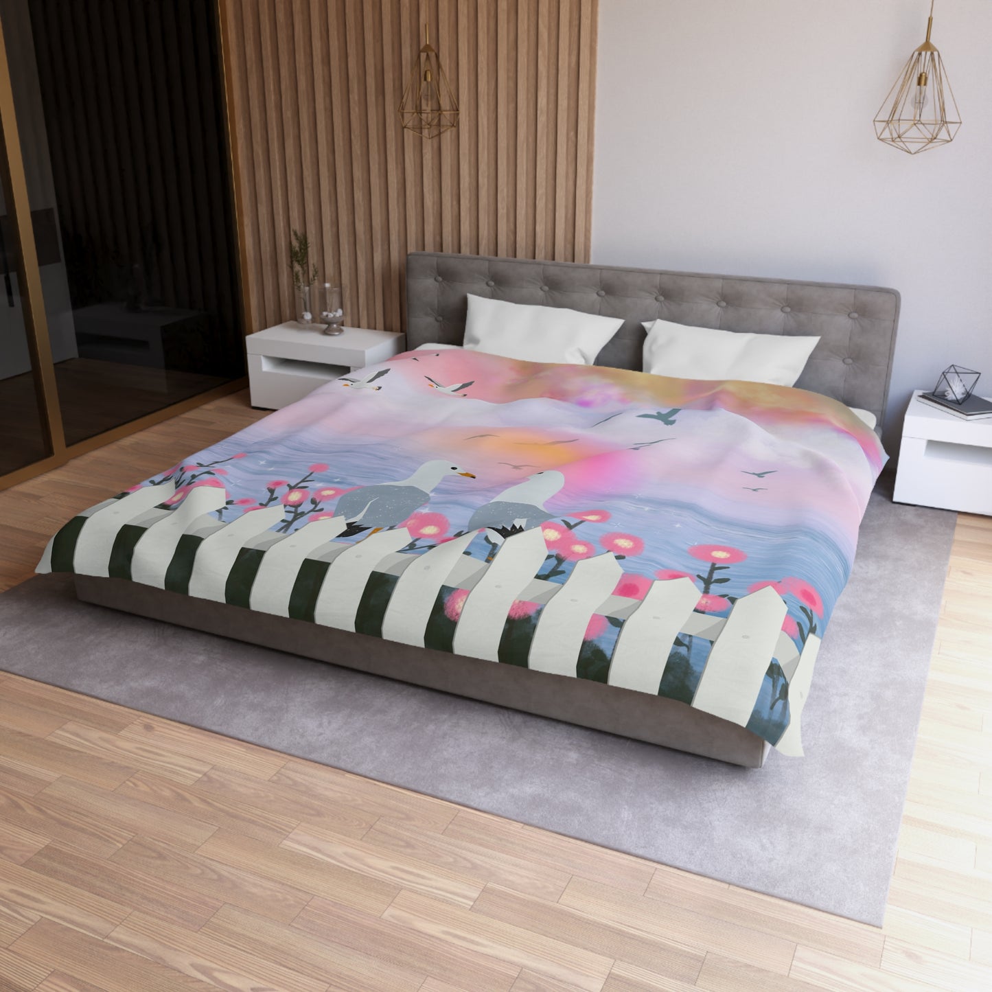 Serene Seagull Microfiber Duvet Cover, Beach Decor, Coastal Bedding, Nautical Bedroom, Pastel Bedspread, Gift for Sea Lovers