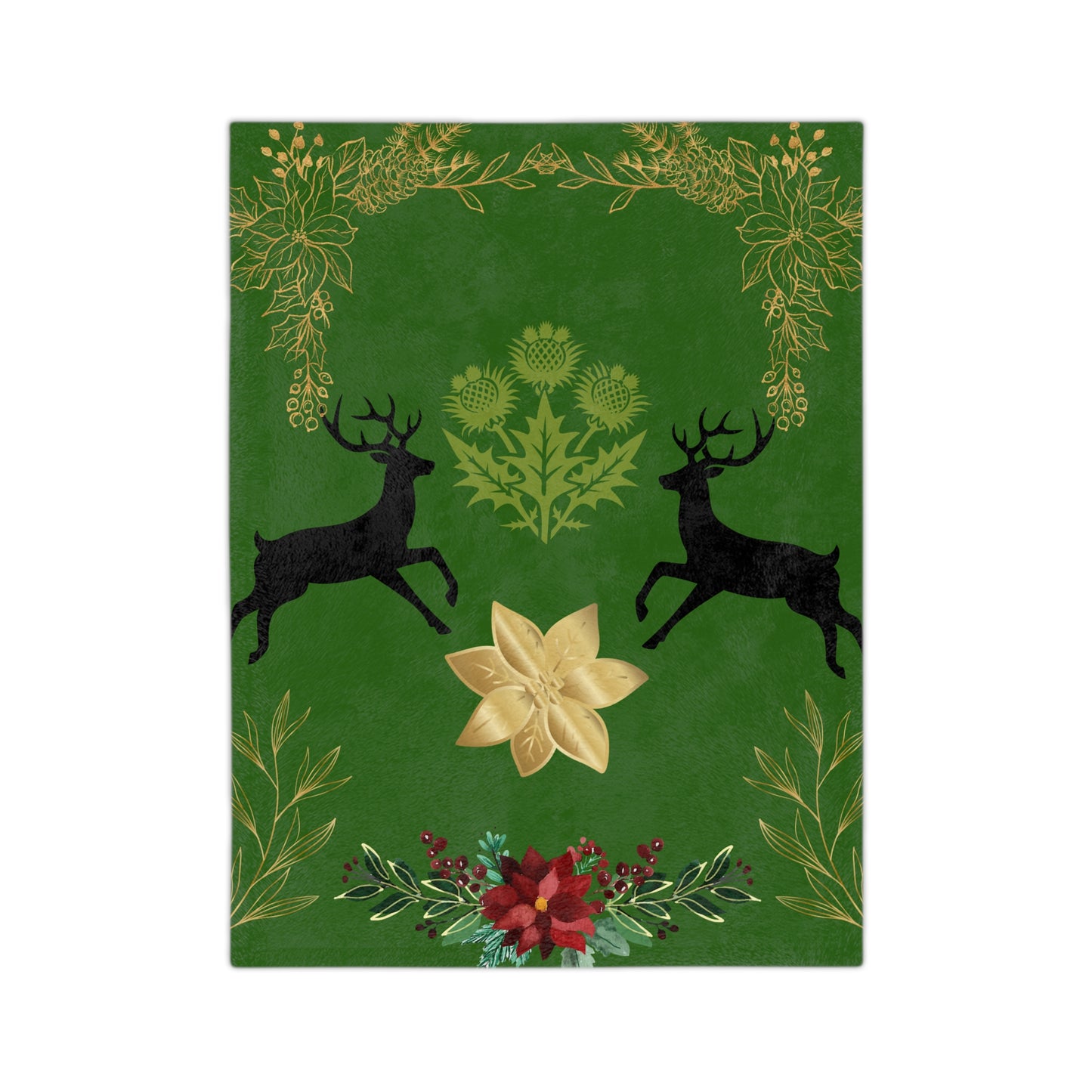 Christmas Reindeer Velvet Throw Blanket — Green Poinsettia Floral Holiday Decor
