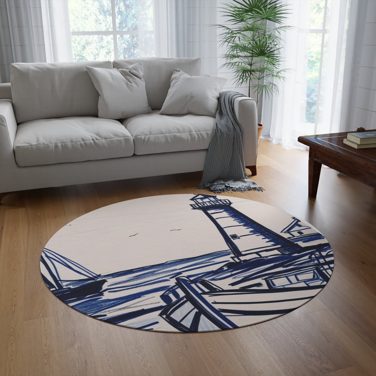 Coastal Lighthouse Round Rug - Nautical Home Décor, Beach House Mat, Living Room Accent, Coastal Themed Gift, Ocean Lover Decor