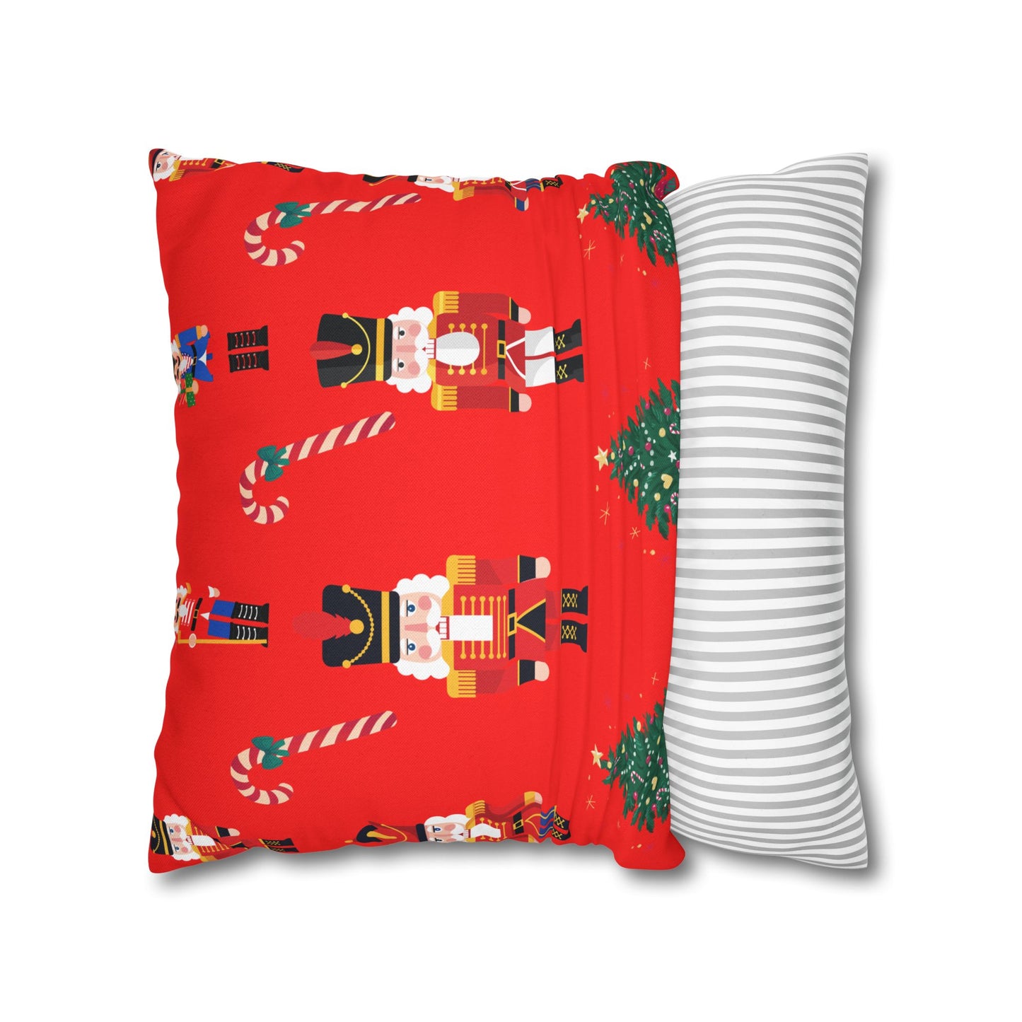 Nutcracker Christmas Pillowcase — Festive Red Holiday Throw Pillow Cover with Candy Canes & Trees
