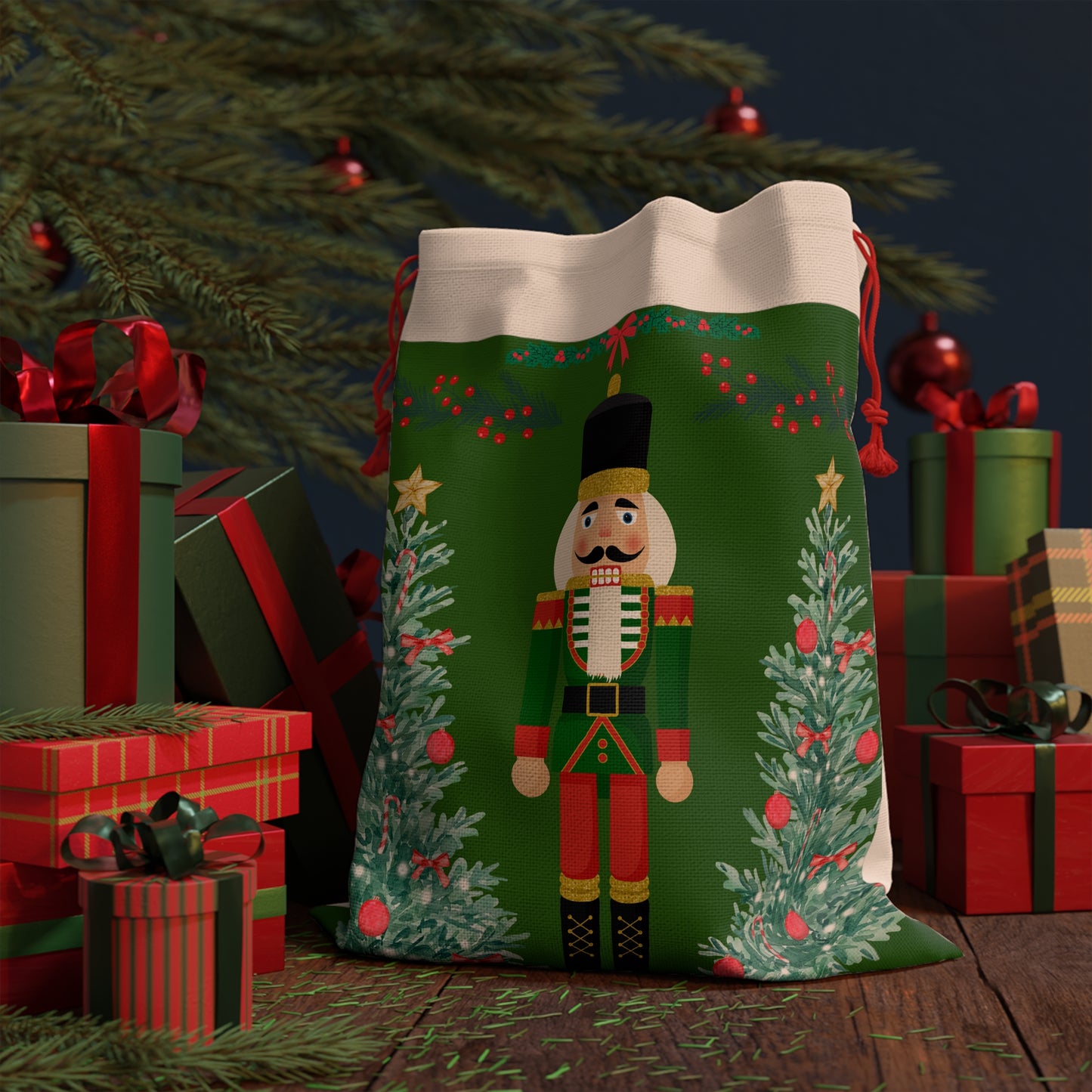 Nutcracker Christmas Gift Bag — Holiday Drawstring Present Sack