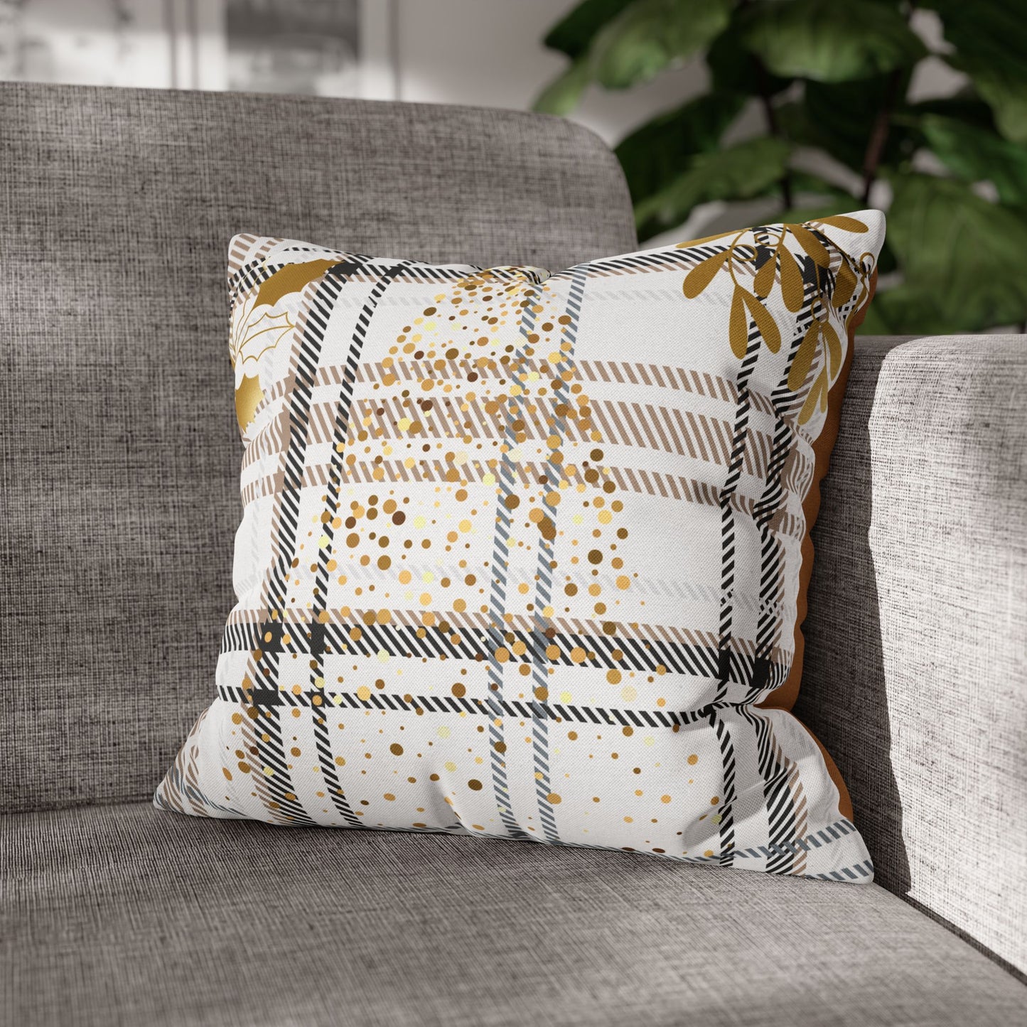 Gold Plaid Decorative Pillowcase — Plaid Throw Pillow Cover with Metallic Heart & Floral Accents