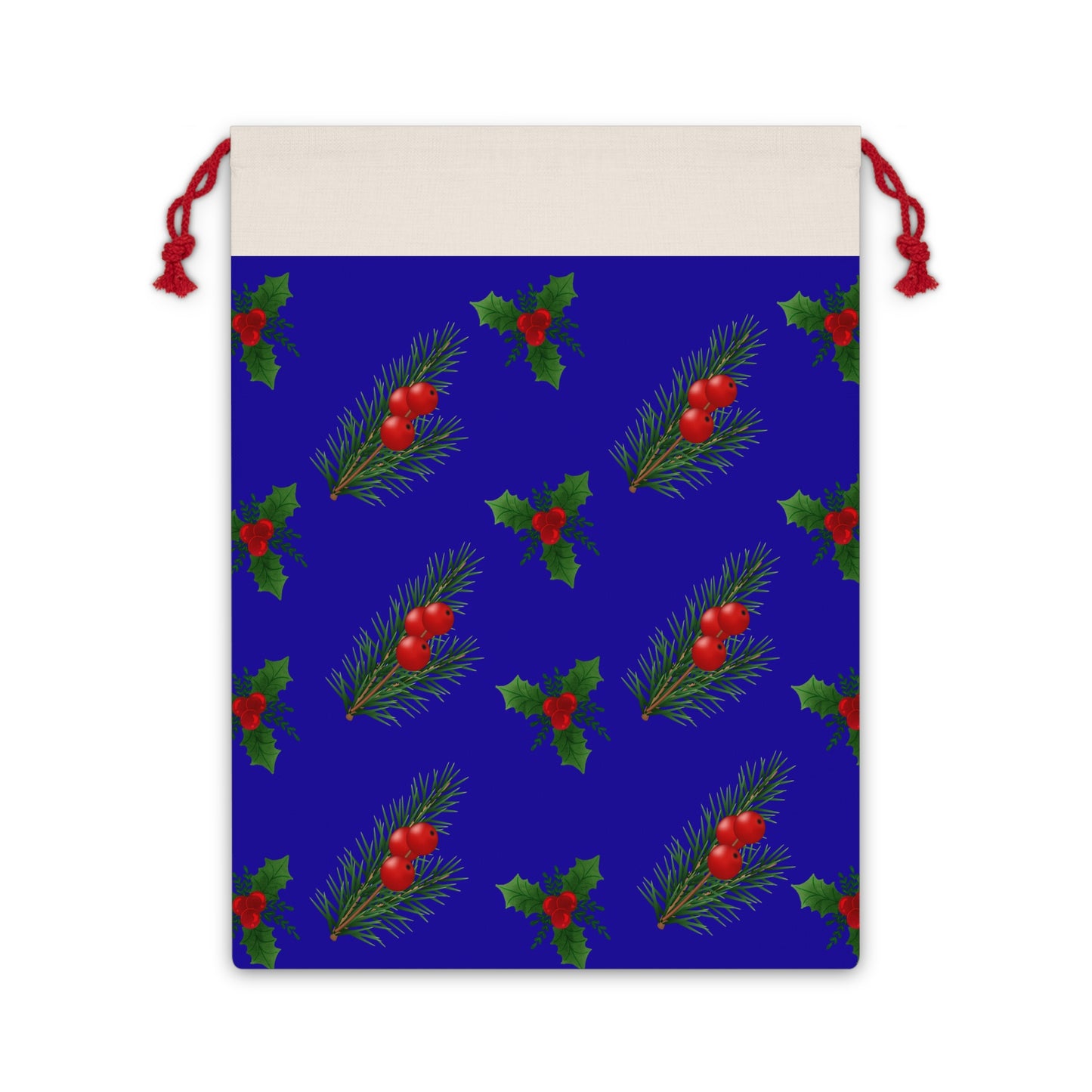 Christmas Holly & Pine Gift Bag — Festive Drawstring Pouch