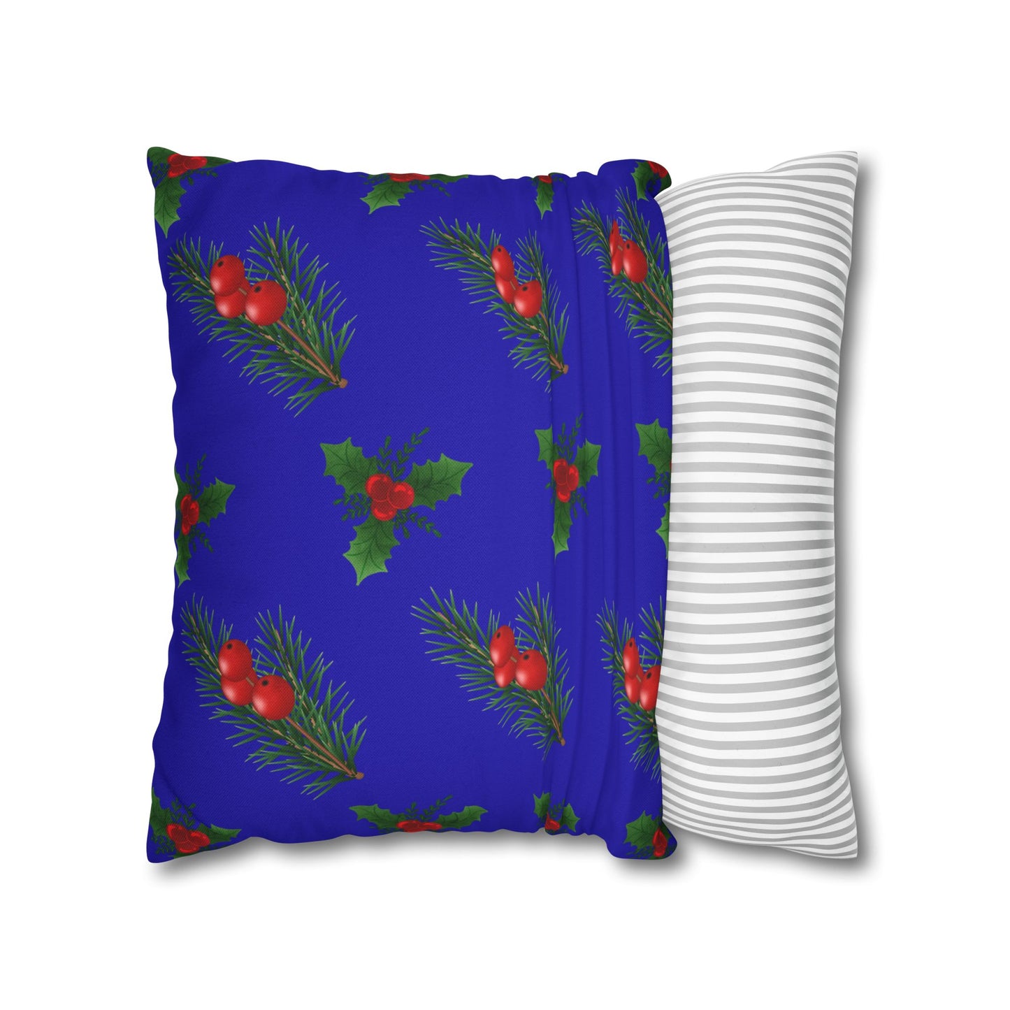 Holiday Holly & Pine Square Pillowcase — Festive Blue Christmas Throw Pillow Cover