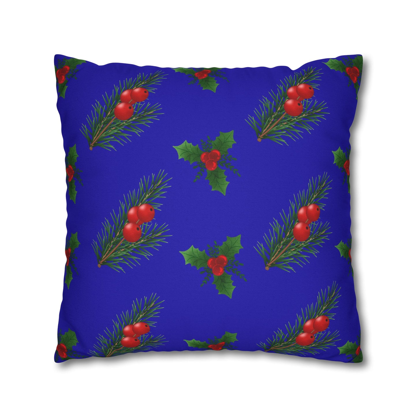 Holiday Holly & Pine Square Pillowcase — Festive Blue Christmas Throw Pillow Cover
