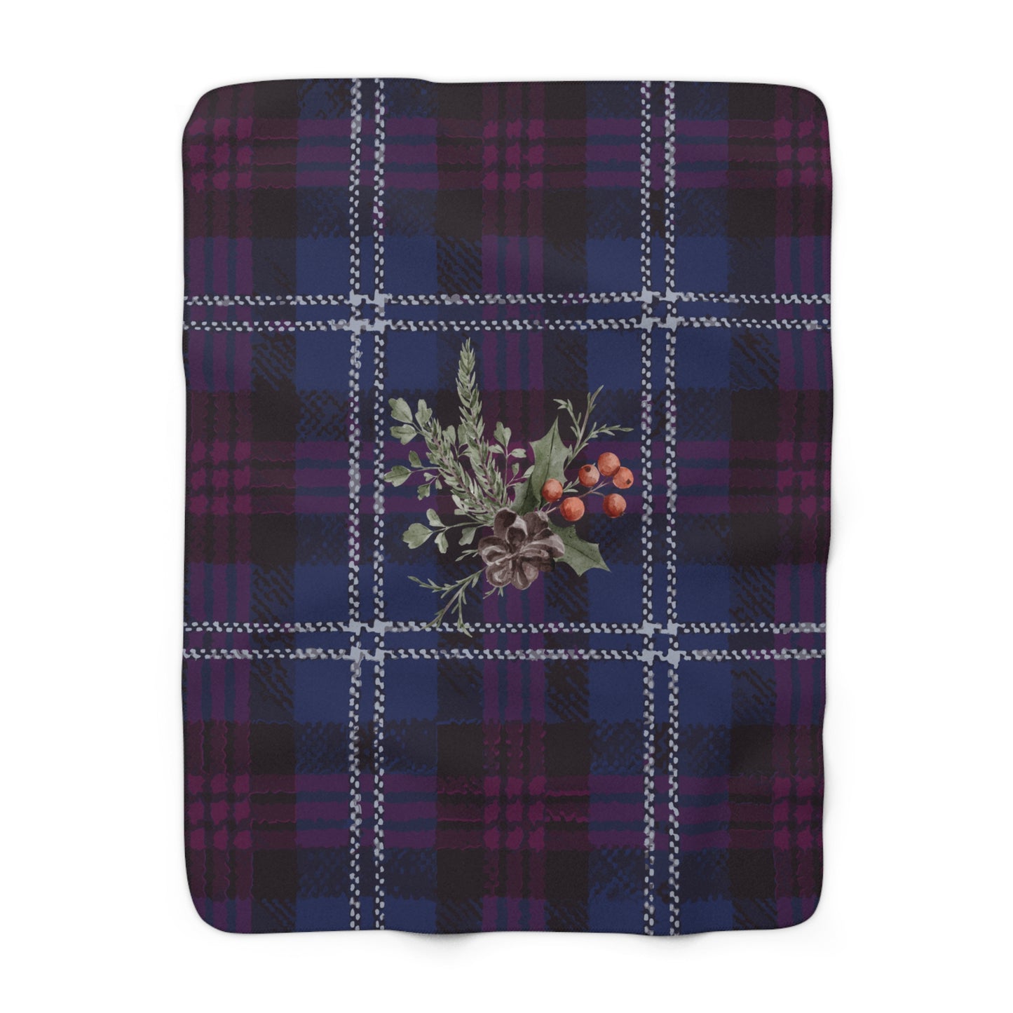 Plaid Floral Sherpa Blanket — Cozy Purple Tartan Throw with Berry Sprig
