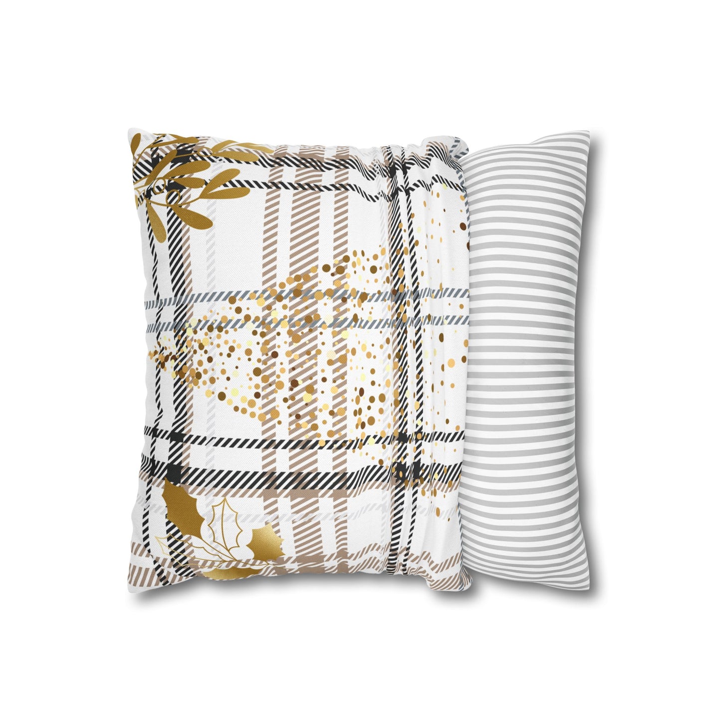 Gold Plaid Decorative Pillowcase — Plaid Throw Pillow Cover with Metallic Heart & Floral Accents