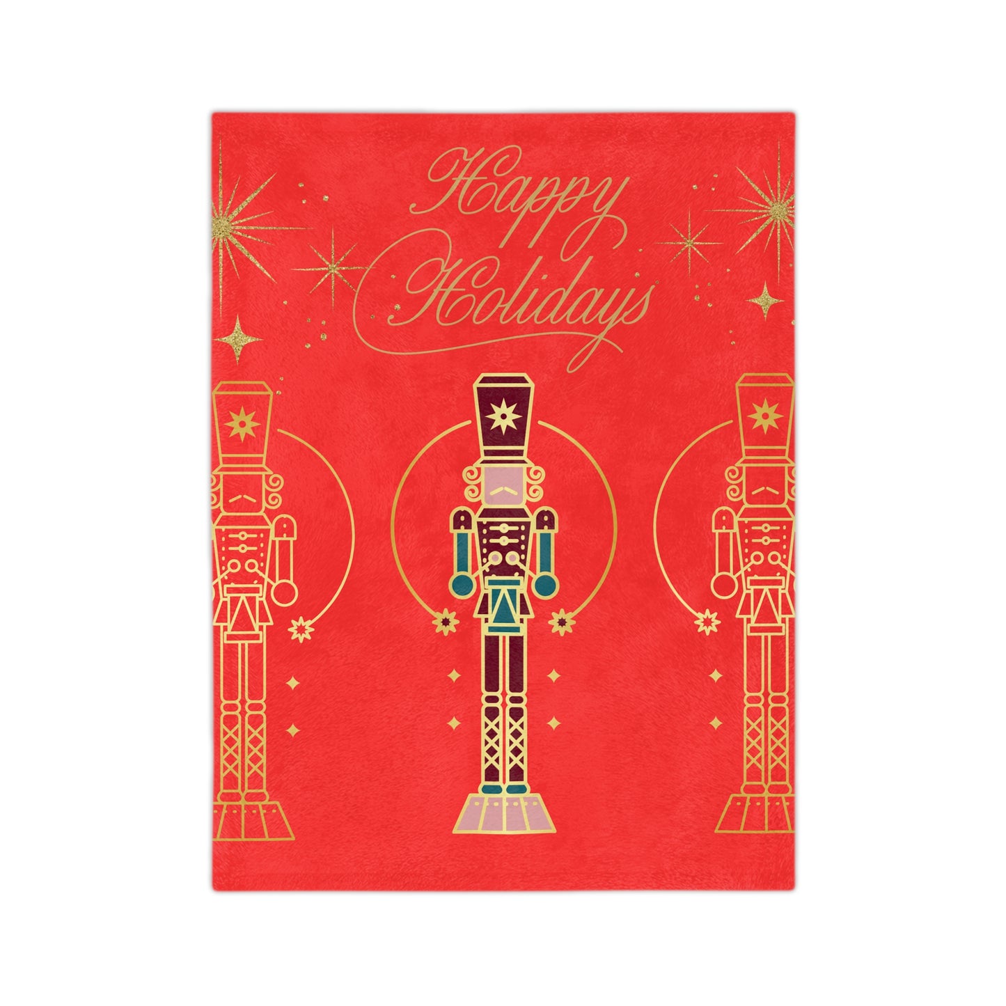Holiday Nutcracker Velveteen Throw Blanket — "Happy Holidays" Red Microfiber Blanket