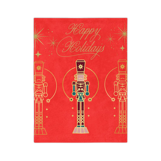 Holiday Nutcracker Velveteen Throw Blanket — "Happy Holidays" Red Microfiber Blanket