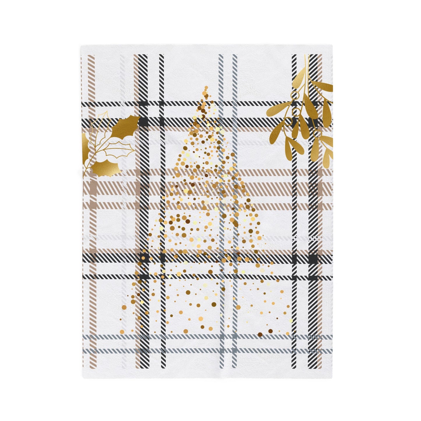 Plaid Gold Mistletoe Velveteen Plush Blanket — Holiday Cozy Throw