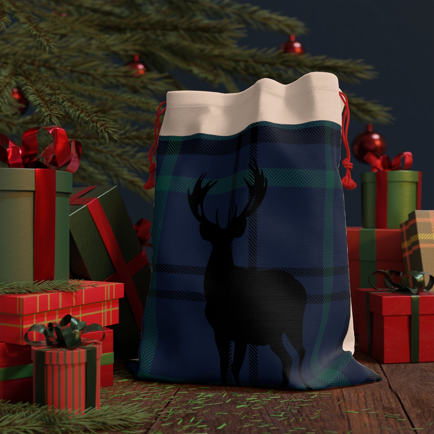 Plaid Deer Gift Bag — Blue Tartan Drawstring Holiday Favor Bag