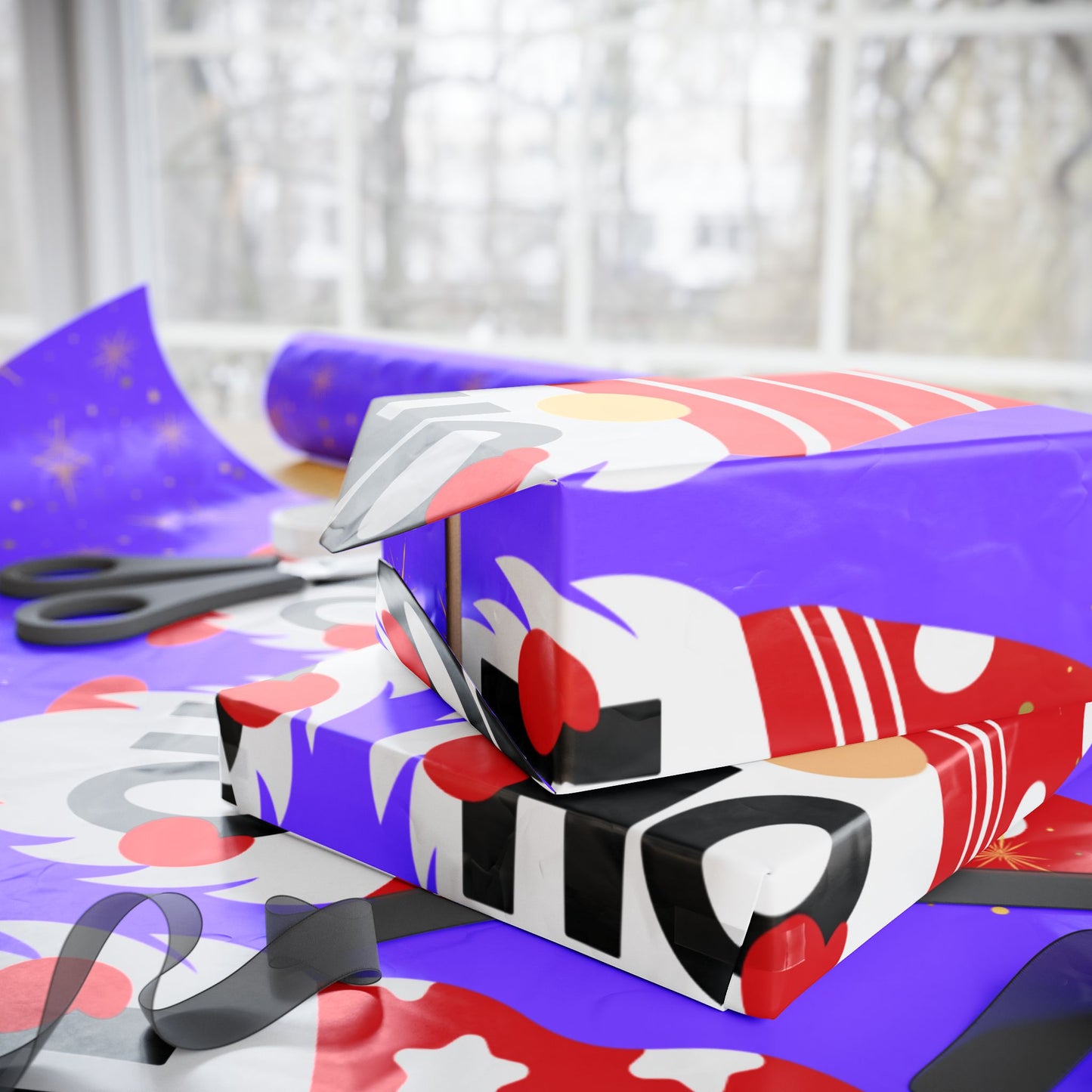 Festive Wrapping Paper with Gnomes & Stars, Holiday Gift Wrap, Christmas, Birthdays, DIY Crafts, Party Supplies, Ho Ho Ho Design