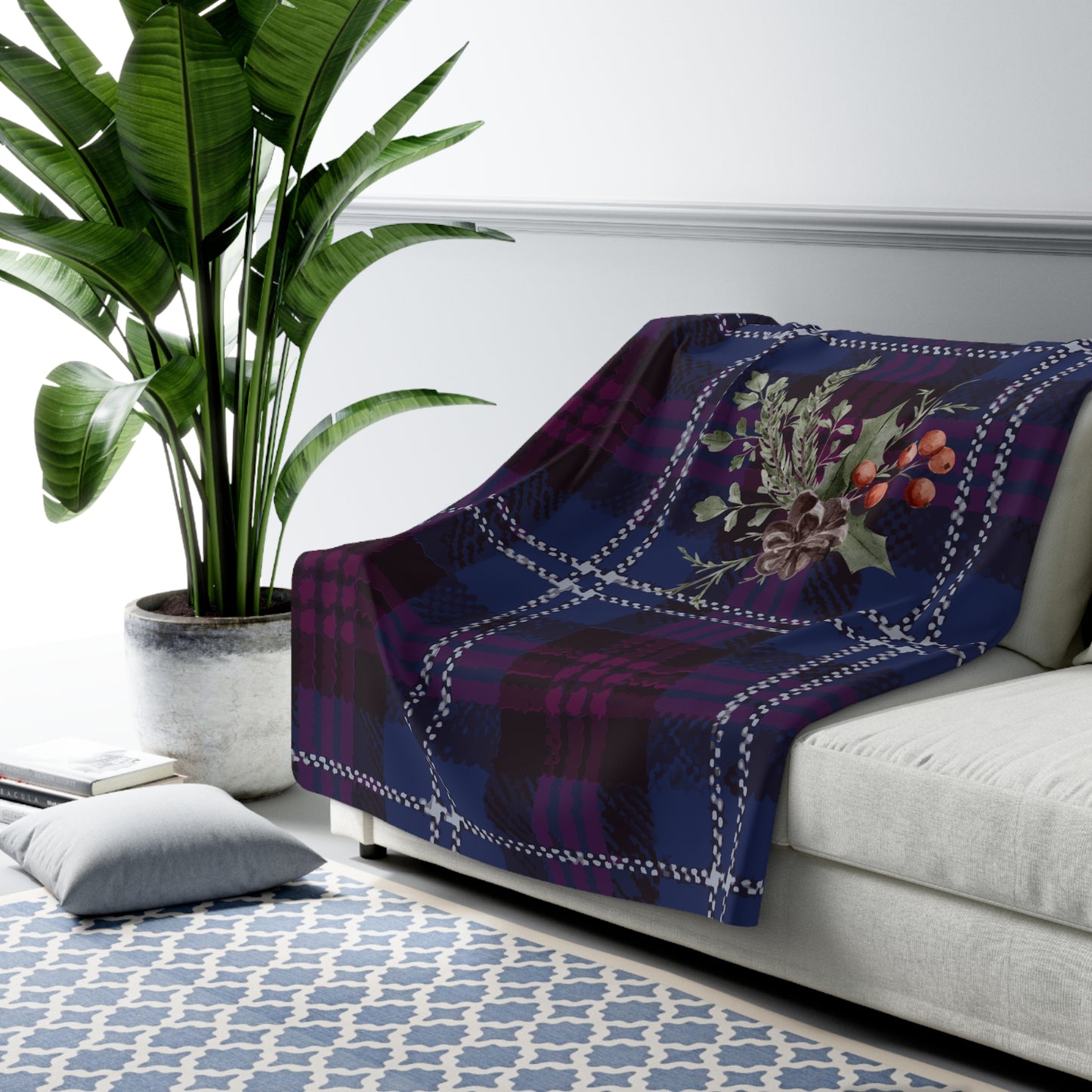 Plaid Floral Sherpa Blanket — Cozy Purple Tartan Throw with Berry Sprig
