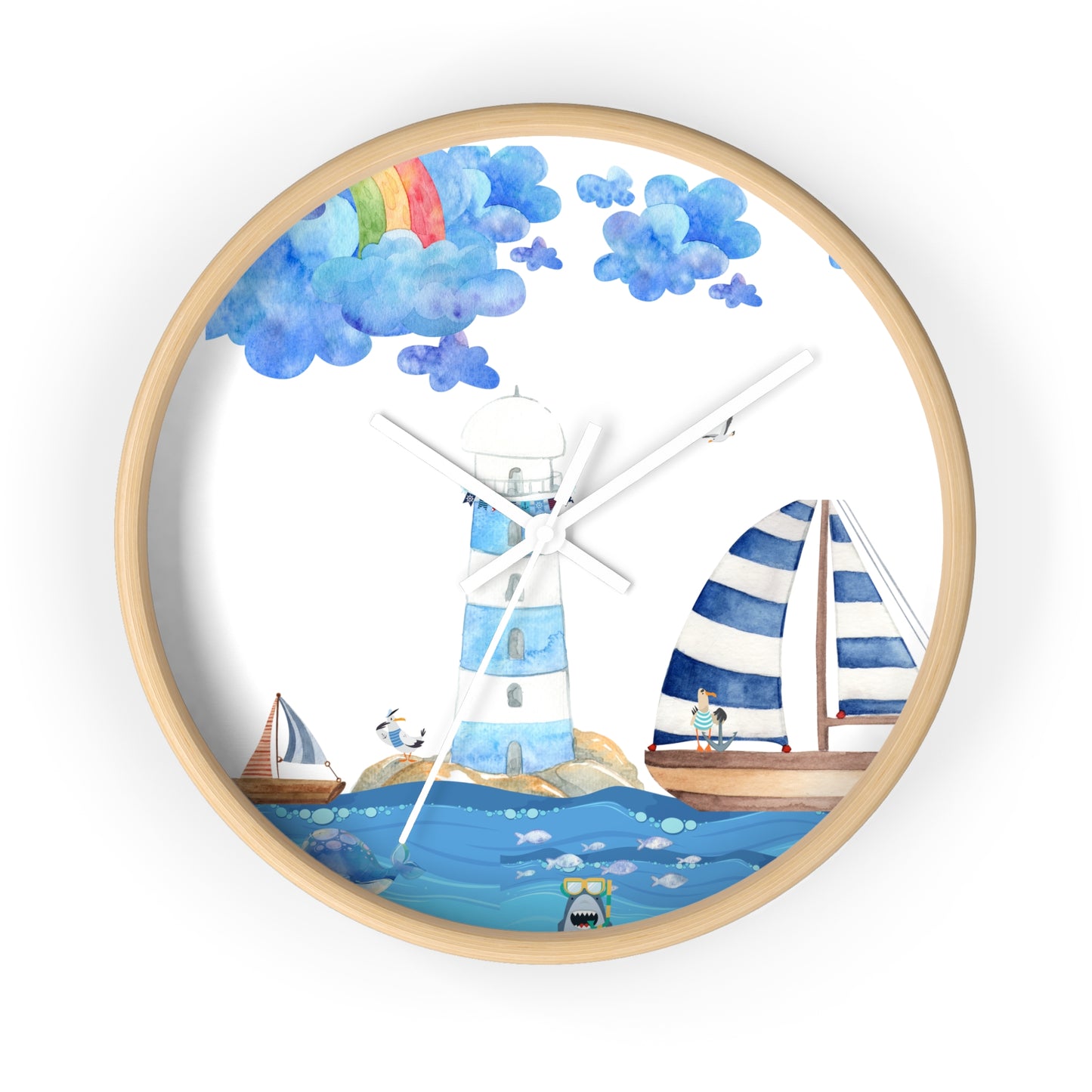 Nautical Wall Clock, Coastal Decor, Beach House Clock, Lighthouse Art, Sailboat Timepiece, Kid's Room Accent