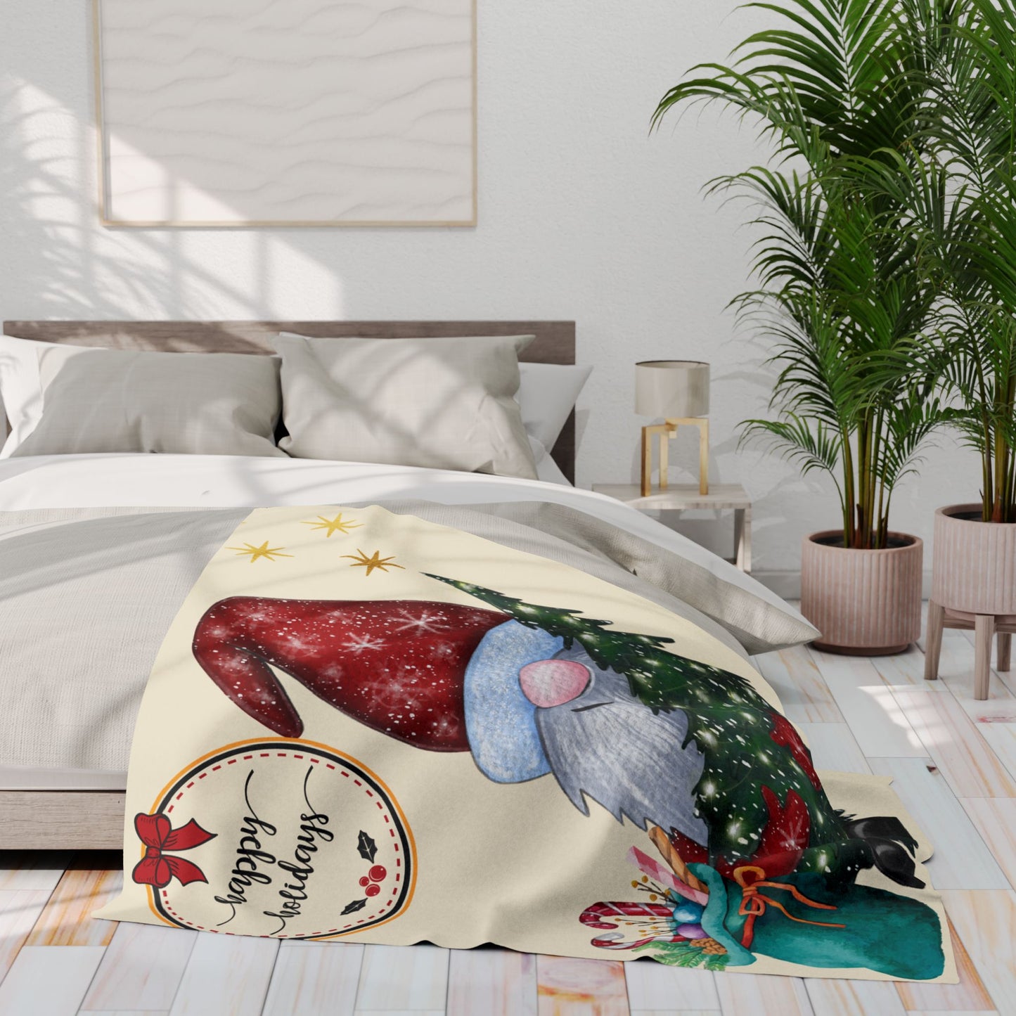 Cozy Holiday Fleece Blanket with Gnome Design | Winter Home Decor, Gift for Christmas, Snuggle Throw, Festive Soft Cover