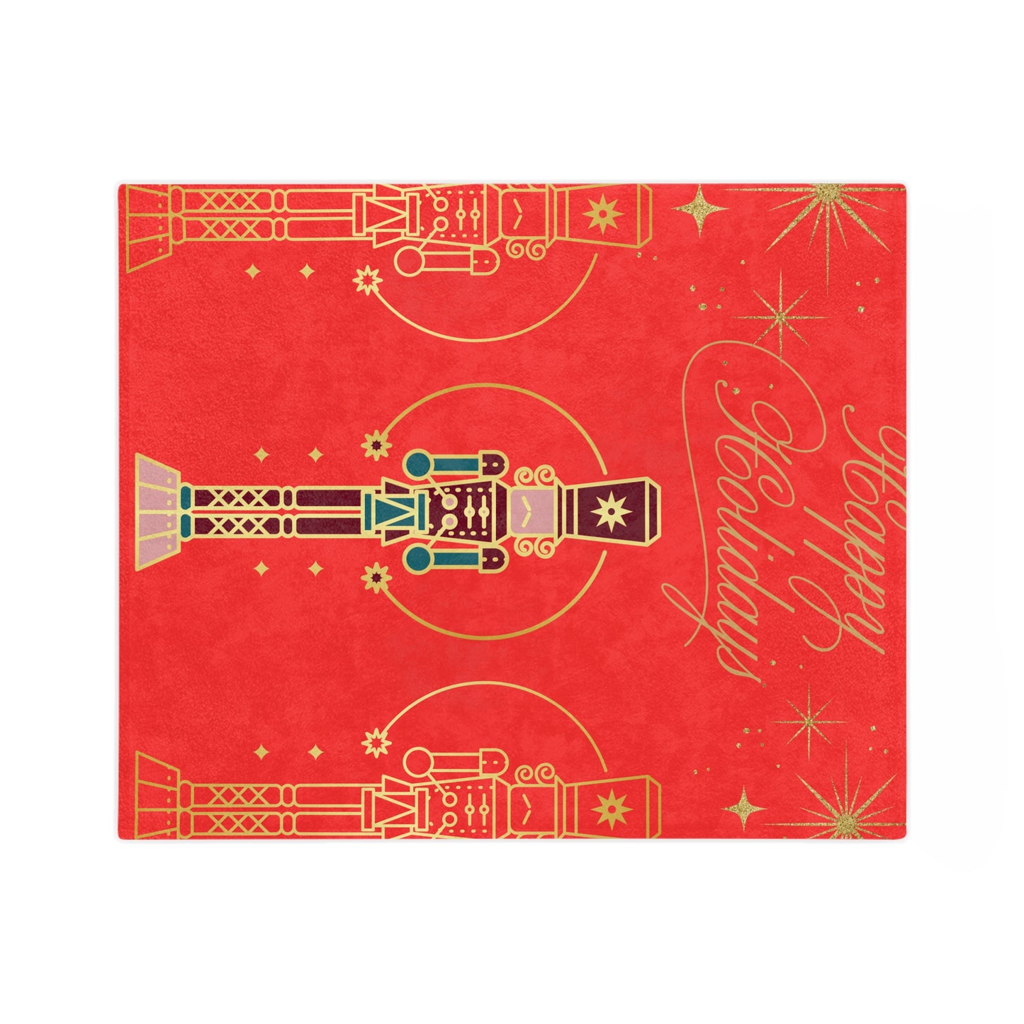 Holiday Nutcracker Velveteen Throw Blanket — "Happy Holidays" Red Microfiber Blanket