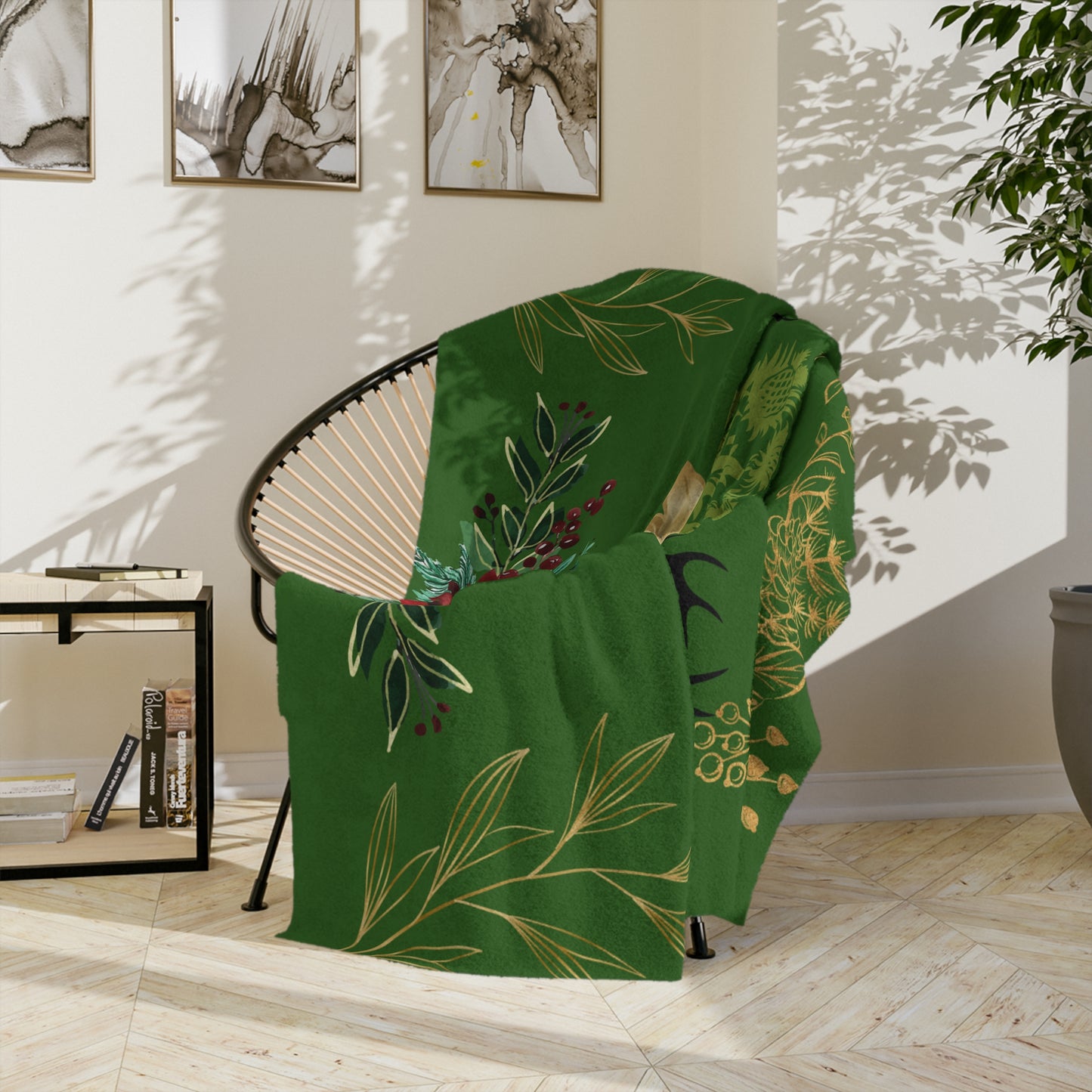 Christmas Reindeer Velvet Throw Blanket — Green Poinsettia Floral Holiday Decor