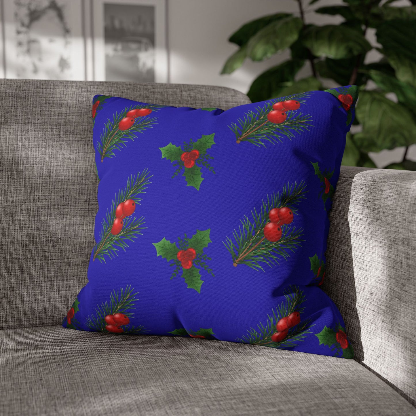 Holiday Holly & Pine Square Pillowcase — Festive Blue Christmas Throw Pillow Cover