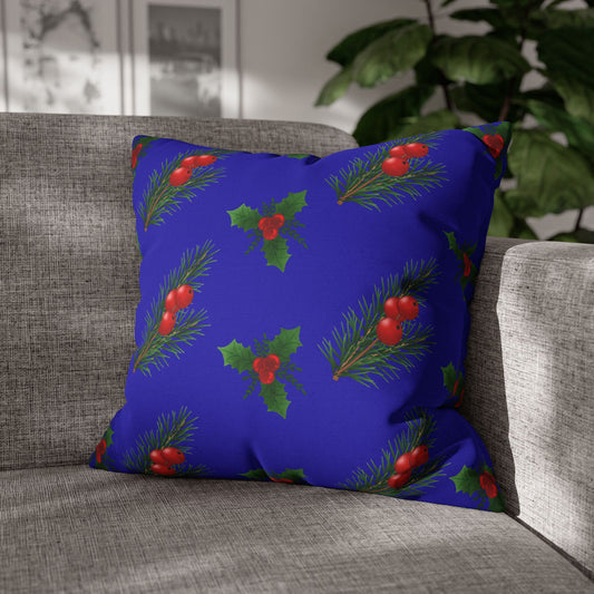 Holiday Holly & Pine Square Pillowcase — Festive Blue Christmas Throw Pillow Cover