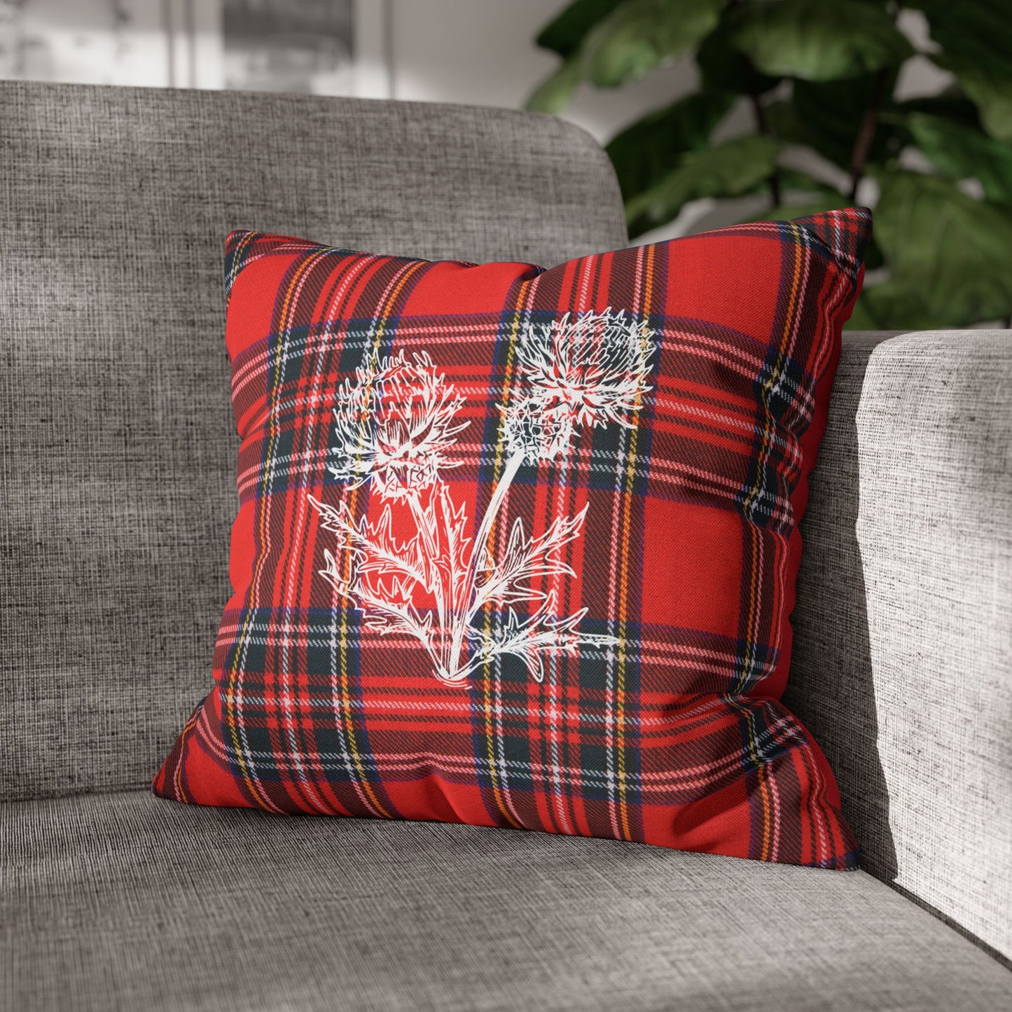 Red Tartan Thistle Pillowcase - Festive Plaid Decorative Throw Pillow Cover