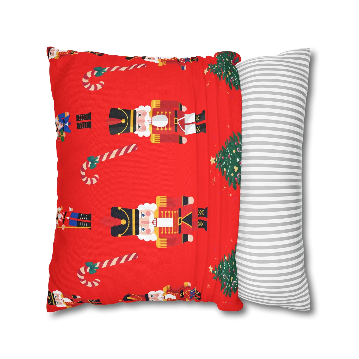 Nutcracker Christmas Pillowcase — Festive Red Holiday Throw Pillow Cover with Candy Canes & Trees