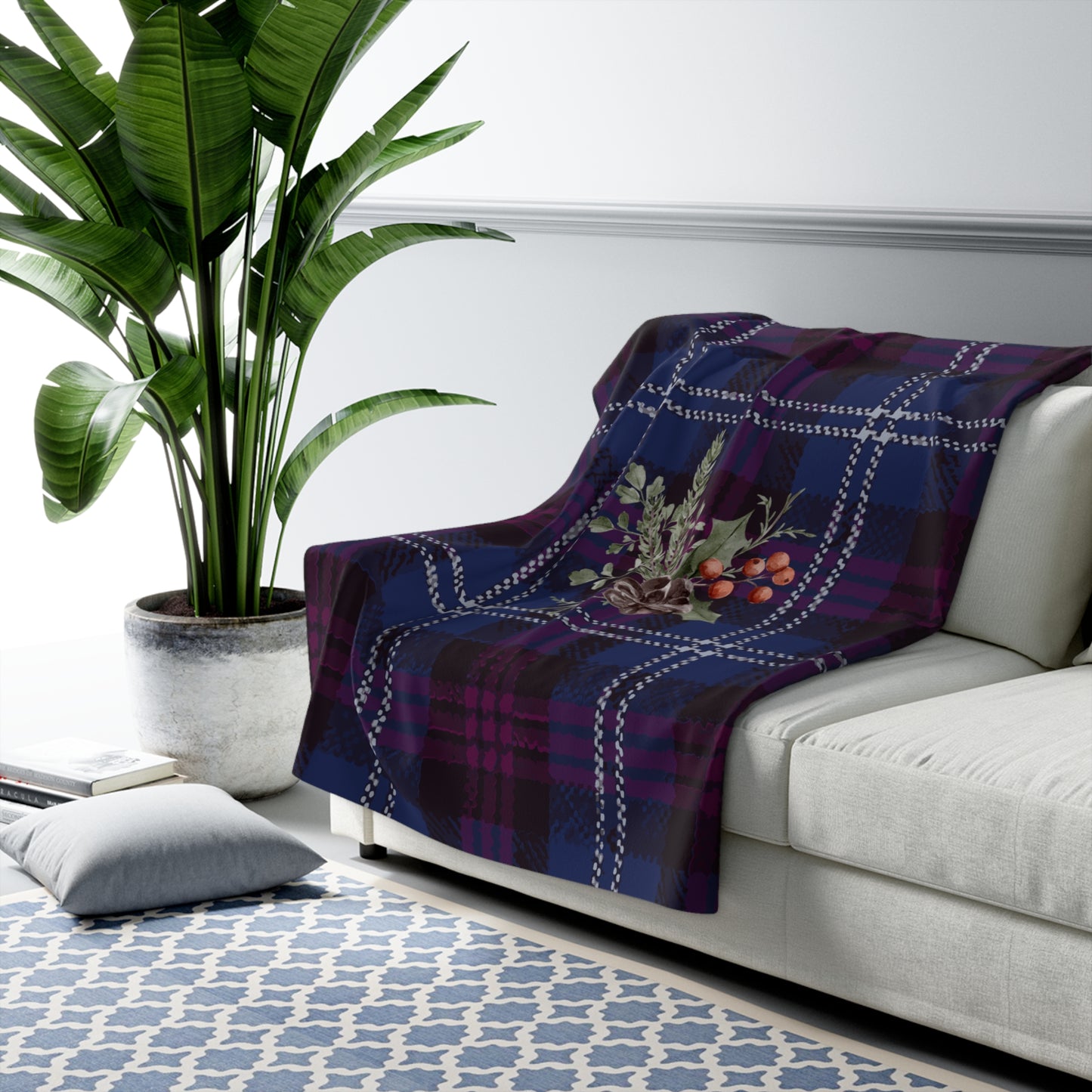 Plaid Floral Sherpa Blanket — Cozy Purple Tartan Throw with Berry Sprig