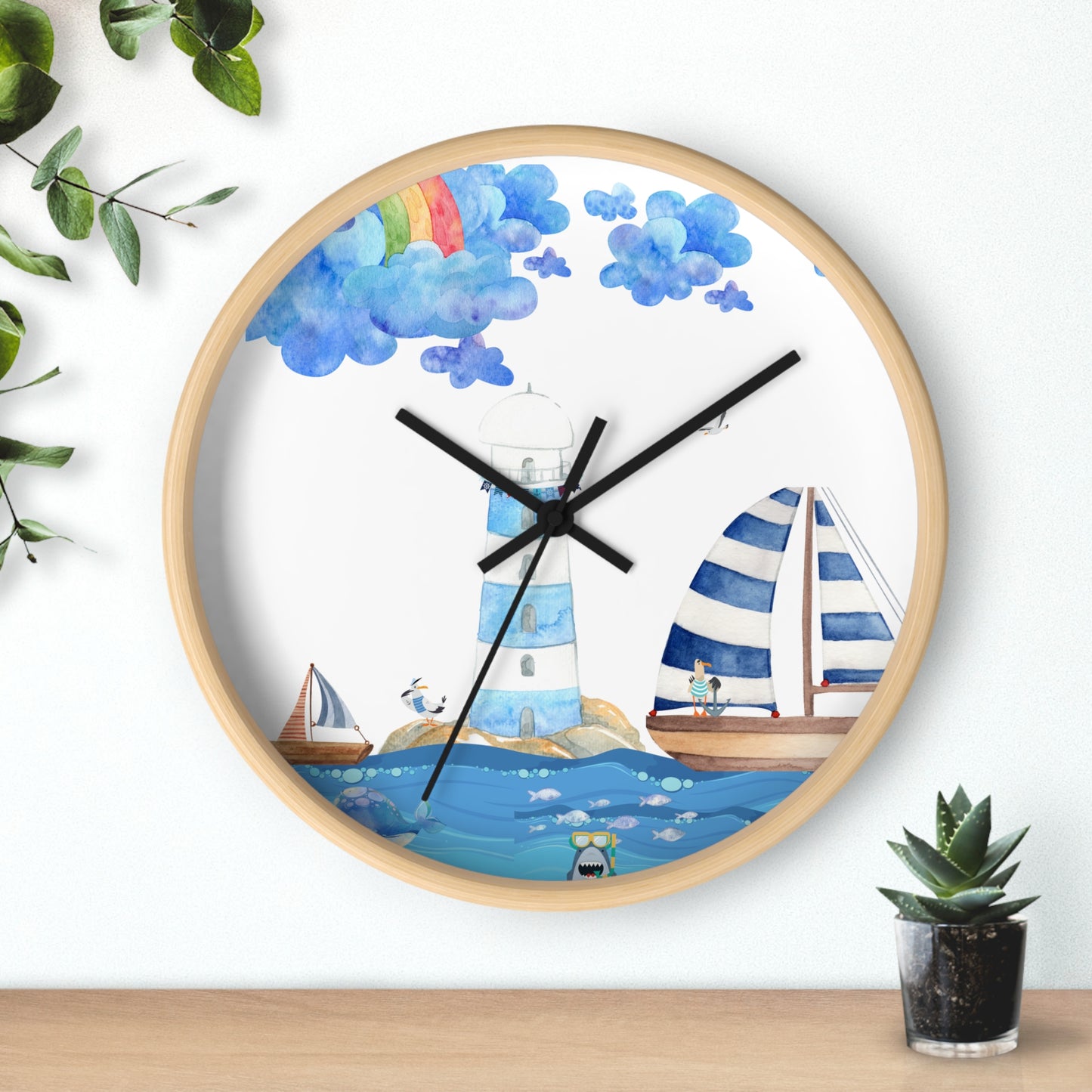 Nautical Wall Clock, Coastal Decor, Beach House Clock, Lighthouse Art, Sailboat Timepiece, Kid's Room Accent