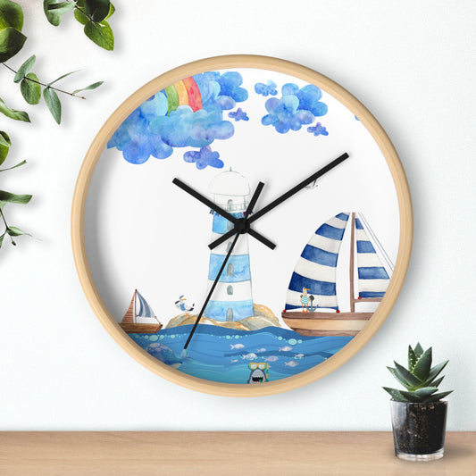 Nautical Wall Clock, Coastal Decor, Beach House Clock, Lighthouse Art, Sailboat Timepiece, Kid's Room Accent