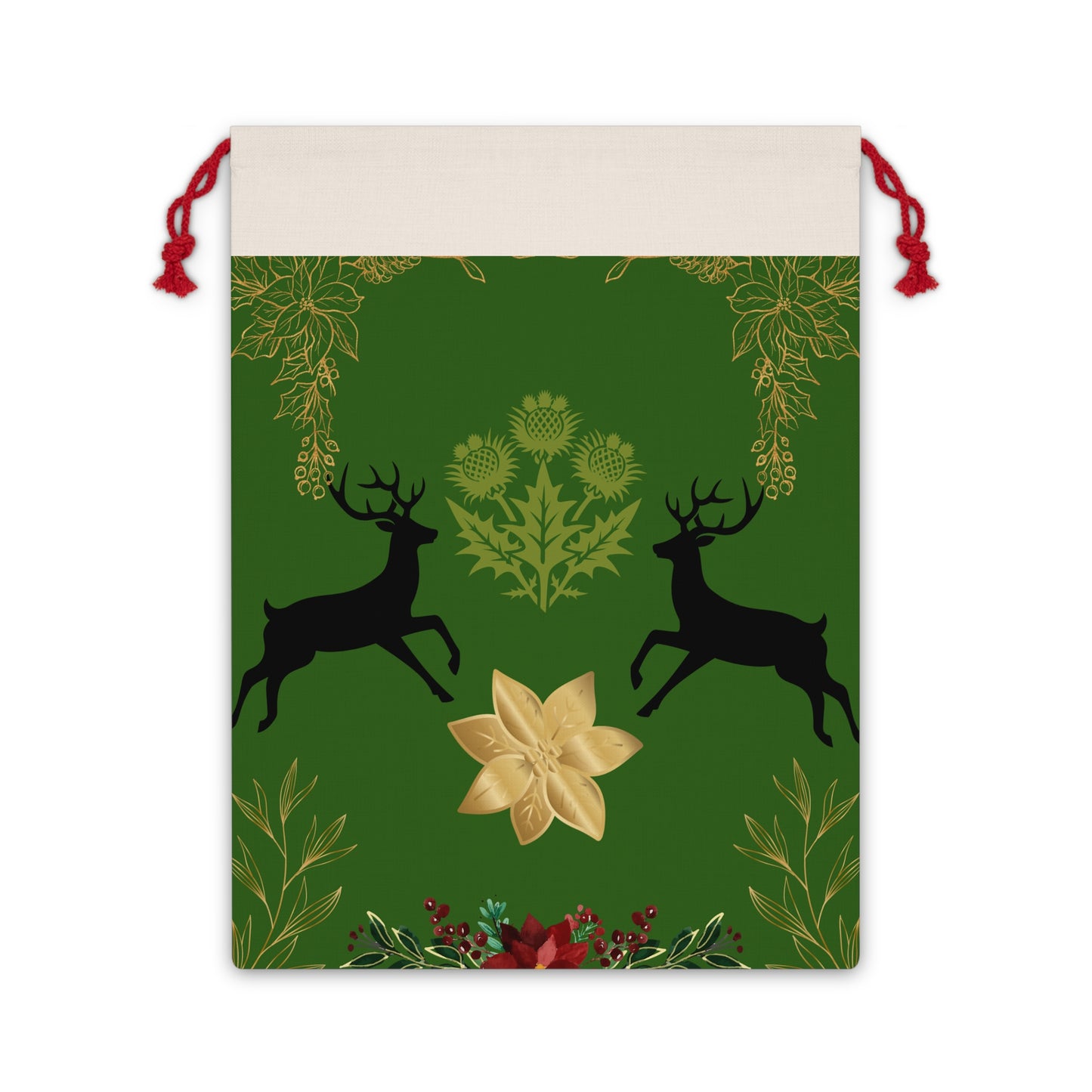 Holiday Reindeer Gift Bag — Green Christmas Drawstring Pouch with Gold Poinsettia