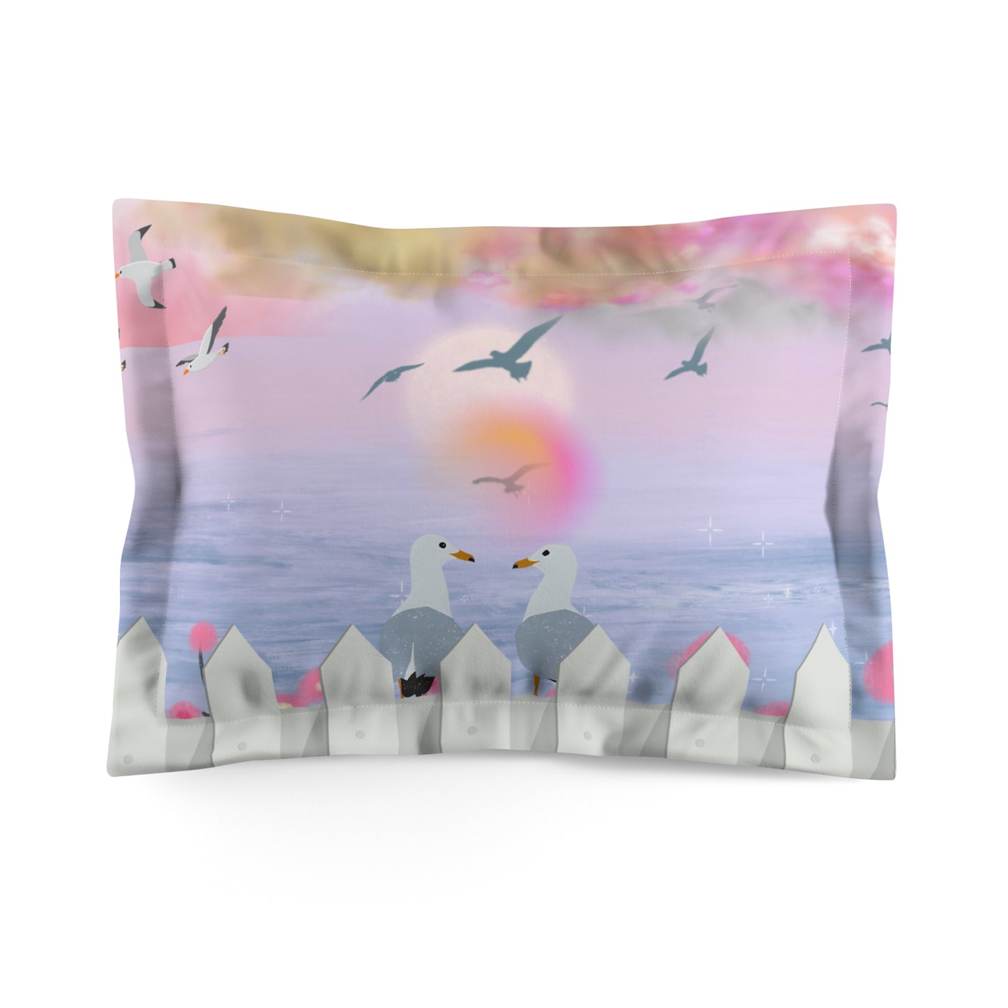 Romantic Coastal Microfiber Pillow Sham, Ocean Breeze Decor, Beach House Gift, Summer Vibes Bedding, Seagull Design Pillowcase