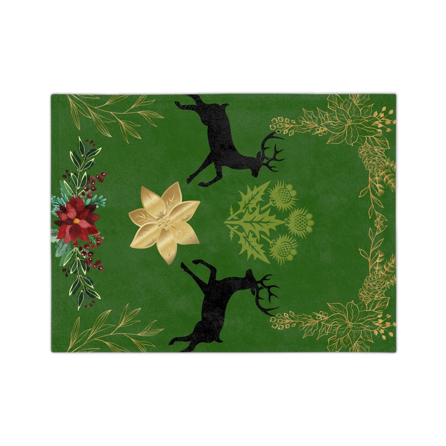 Christmas Reindeer Velvet Throw Blanket — Green Poinsettia Floral Holiday Decor