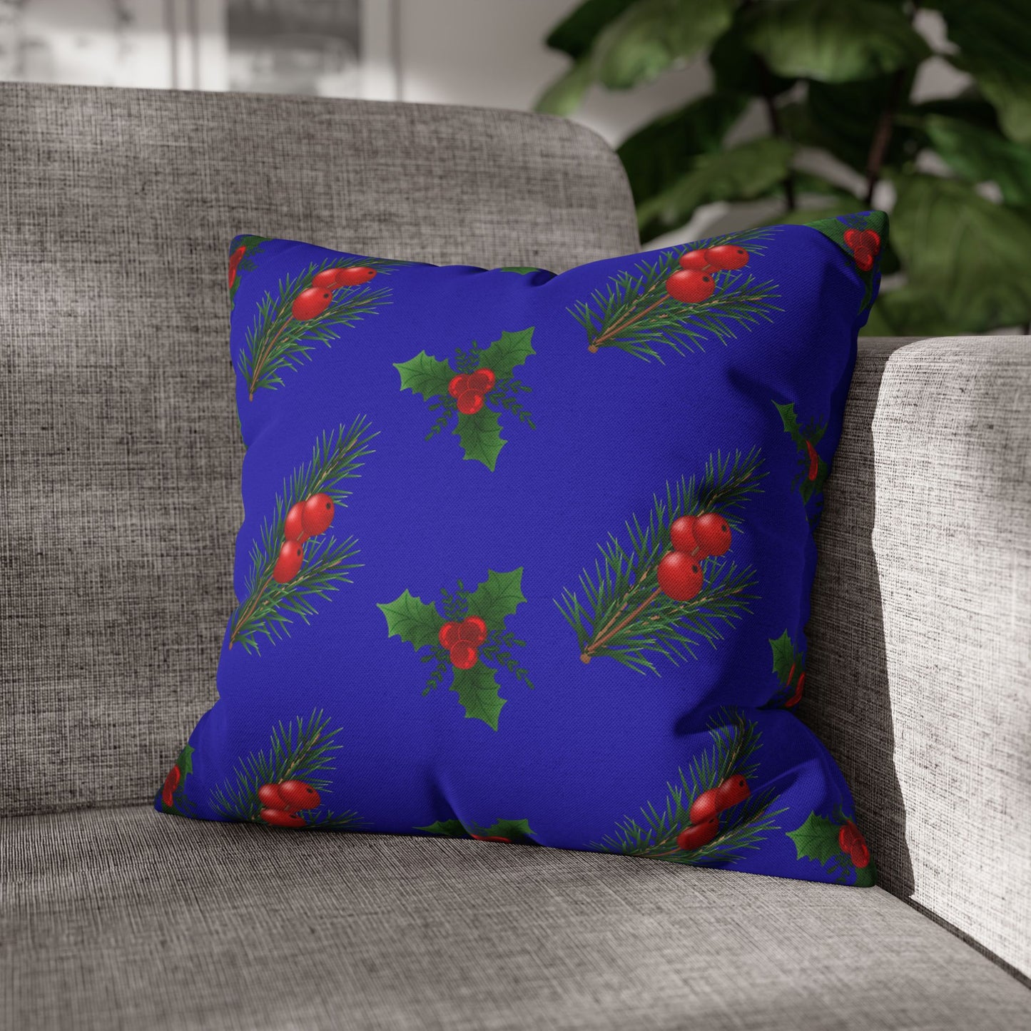 Holiday Holly & Pine Square Pillowcase — Festive Blue Christmas Throw Pillow Cover