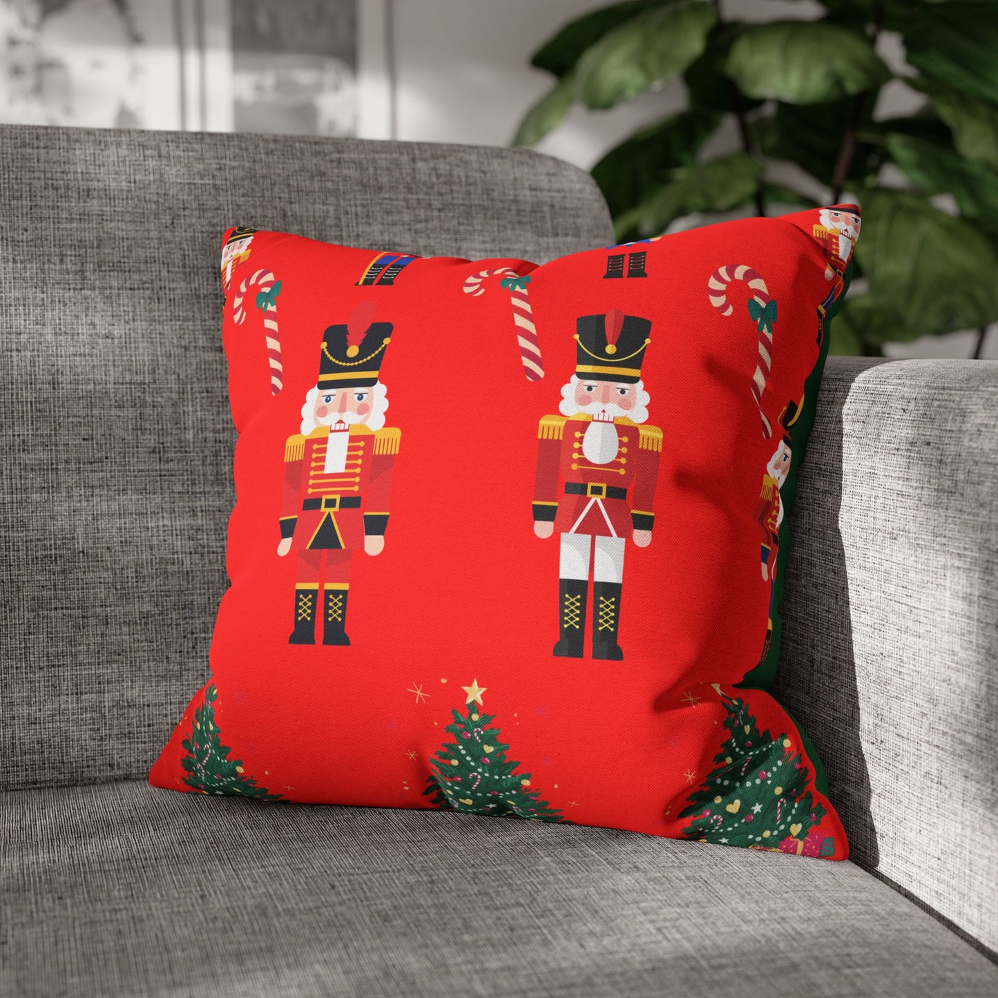 Nutcracker Christmas Pillowcase — Festive Red Holiday Throw Pillow Cover with Candy Canes & Trees