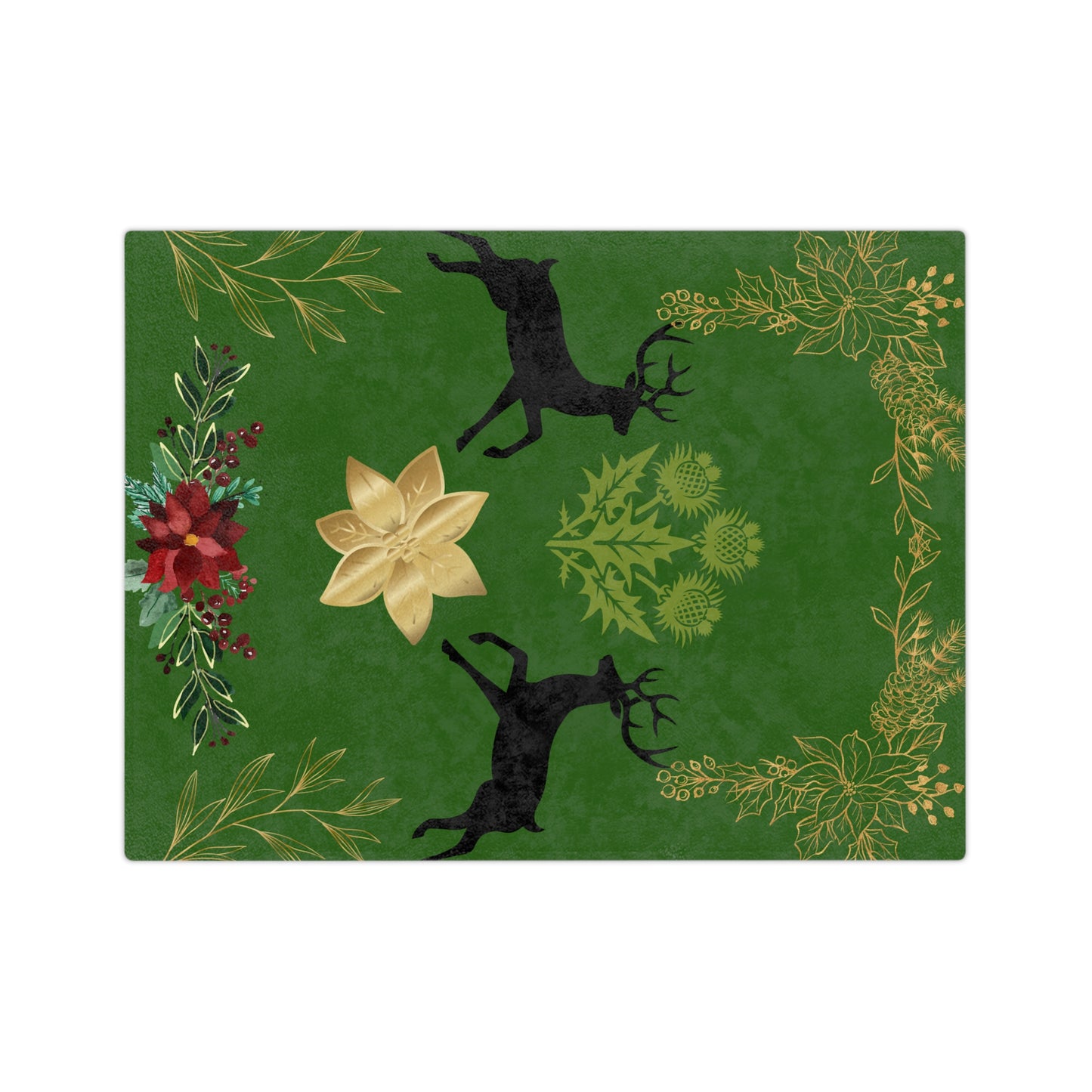 Christmas Reindeer Velvet Throw Blanket — Green Poinsettia Floral Holiday Decor