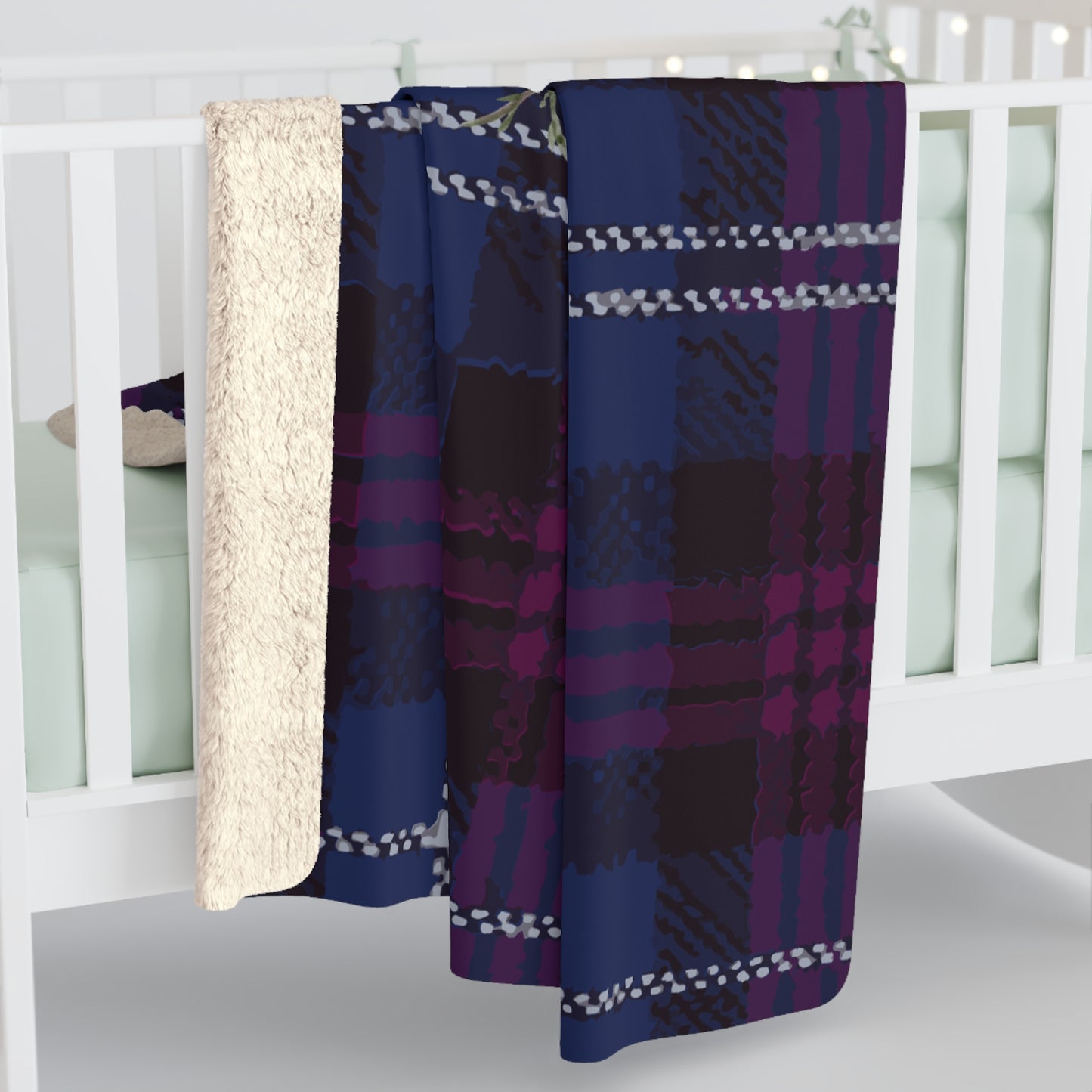 Plaid Floral Sherpa Blanket — Cozy Purple Tartan Throw with Berry Sprig