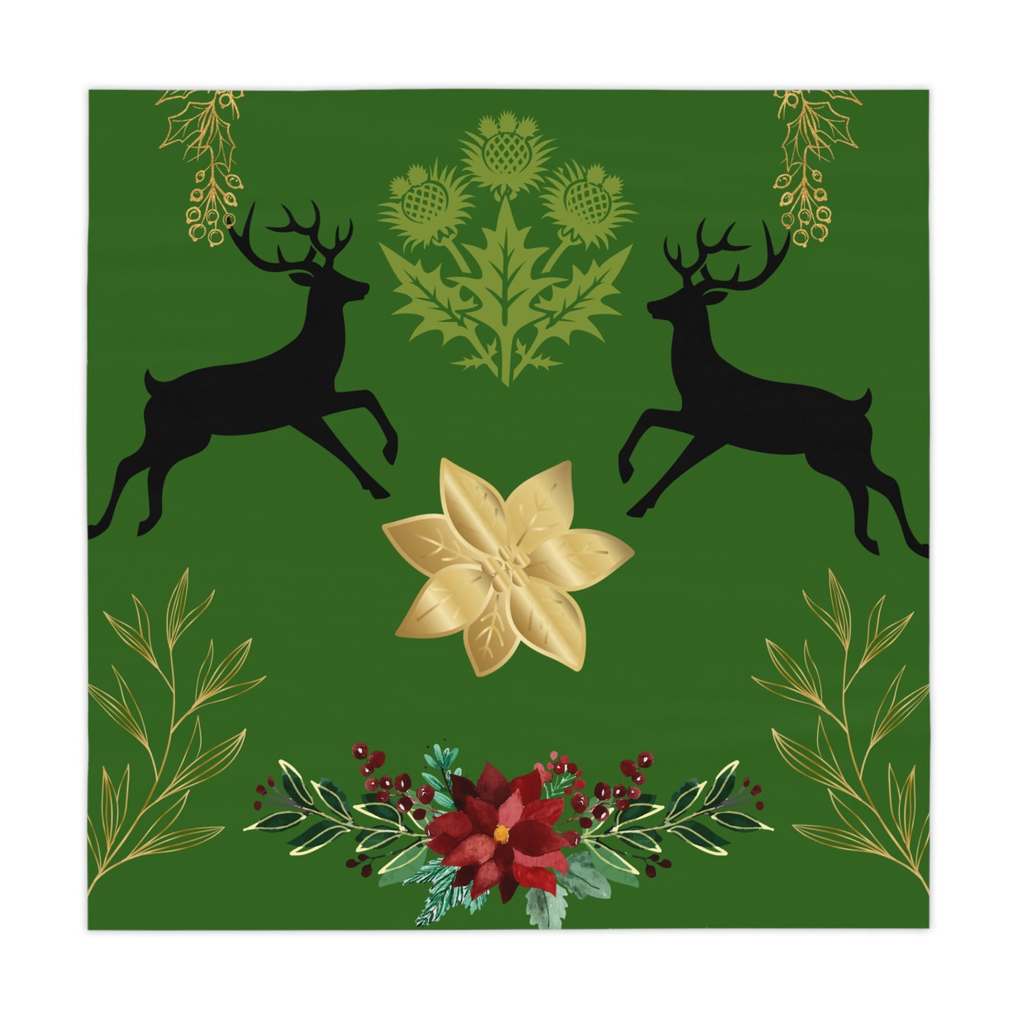 Green Holiday Tablecloth with Reindeer & Gold Poinsettia — Christmas Dining Decor