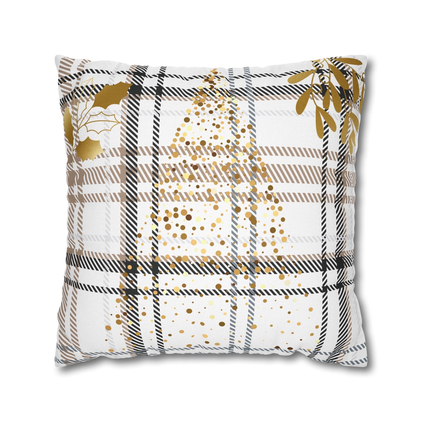 Gold Plaid Decorative Pillowcase — Plaid Throw Pillow Cover with Metallic Heart & Floral Accents