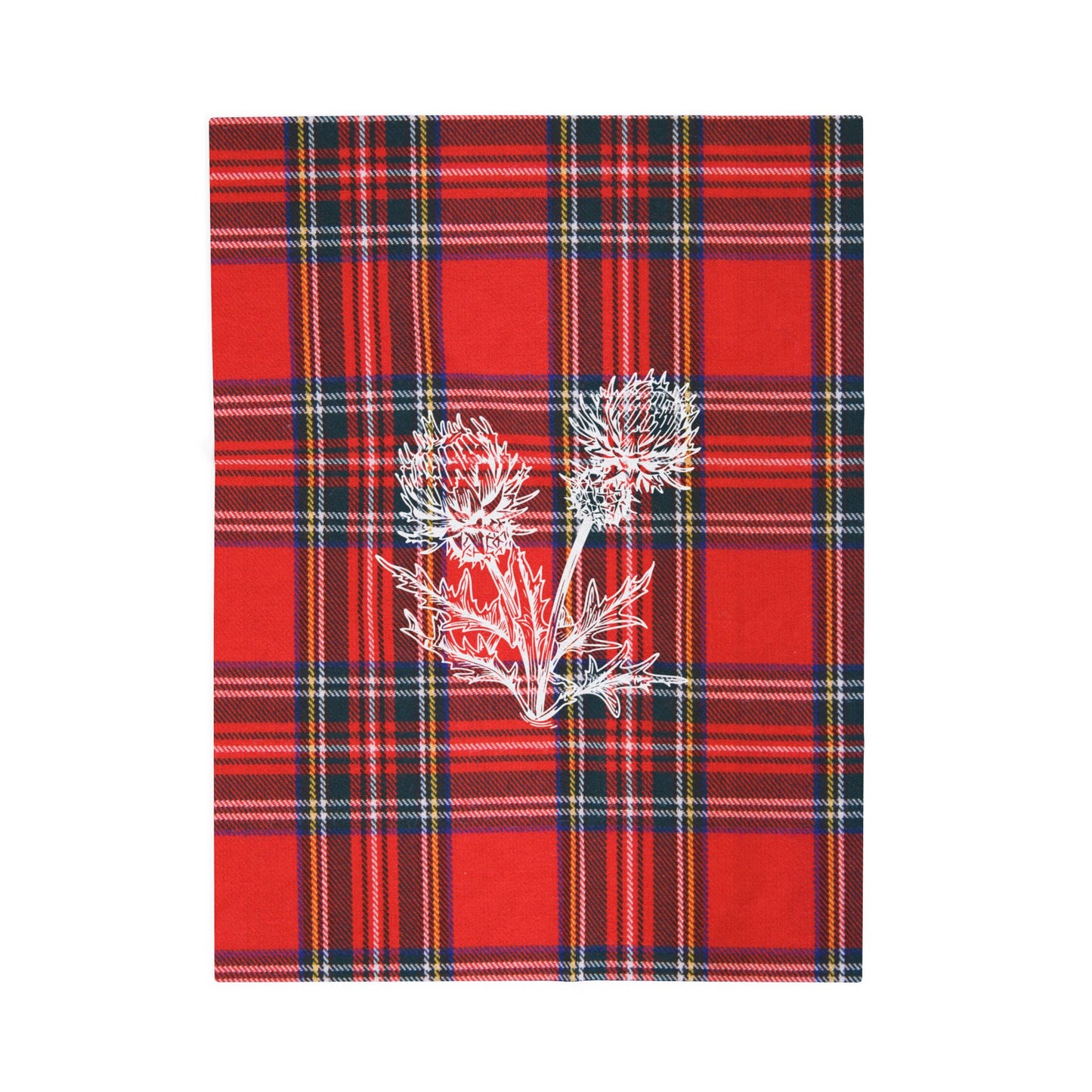 Red Tartan Velveteen Plush Blanket with White Thistle Print — Cozy Holiday Throw