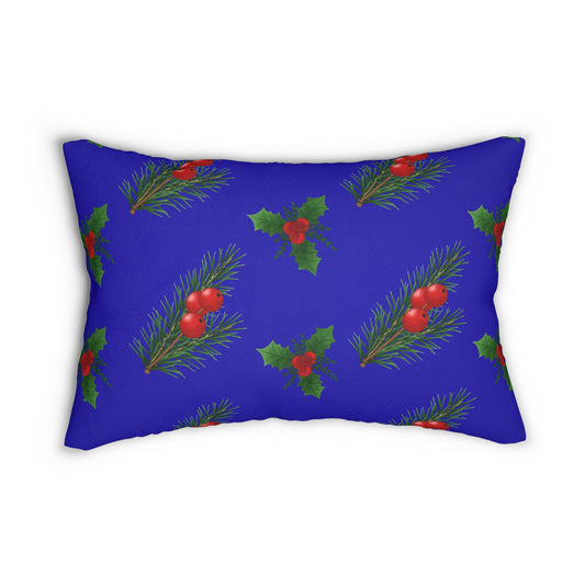 Holly & Pine Lumbar Pillow — Festive Blue Christmas Decor
