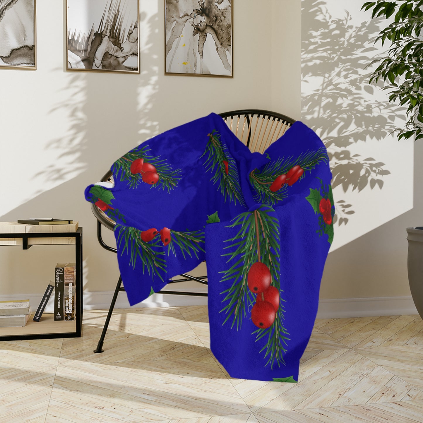 Holiday Holly & Pine Velvet Microfiber Blanket — Festive Christmas Throw